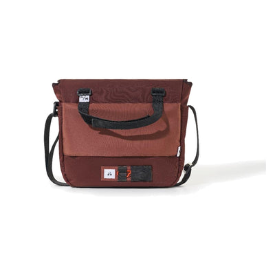 OutIn Flex Messenger Bag in amber brown, three-quarter view with the shoulder strap