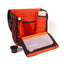 OutIn Flex Messenger Bag in amber brown, open, showing the padded interior