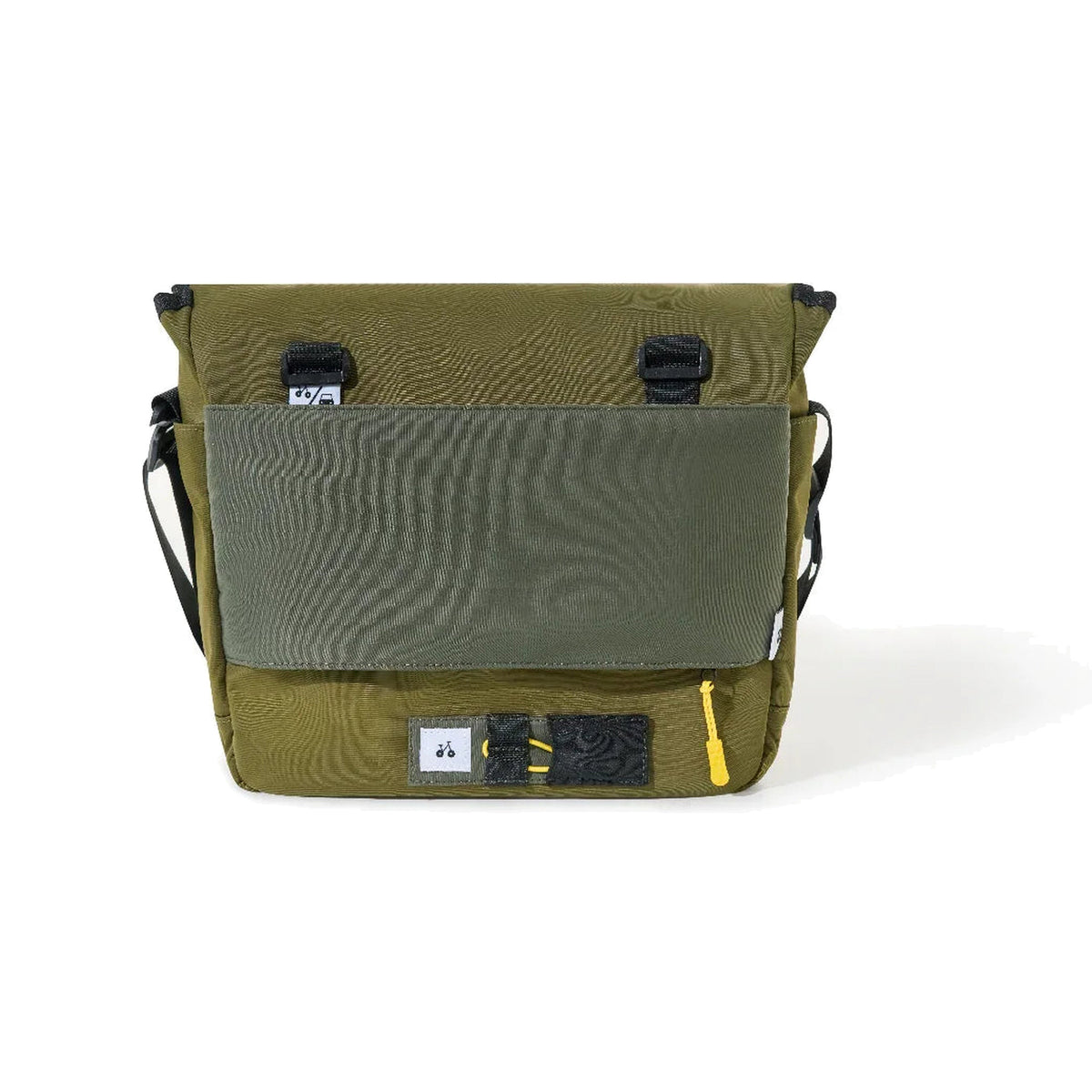 OutIn Flex Messenger Bag in cypress green, rear view with the mesh pocket