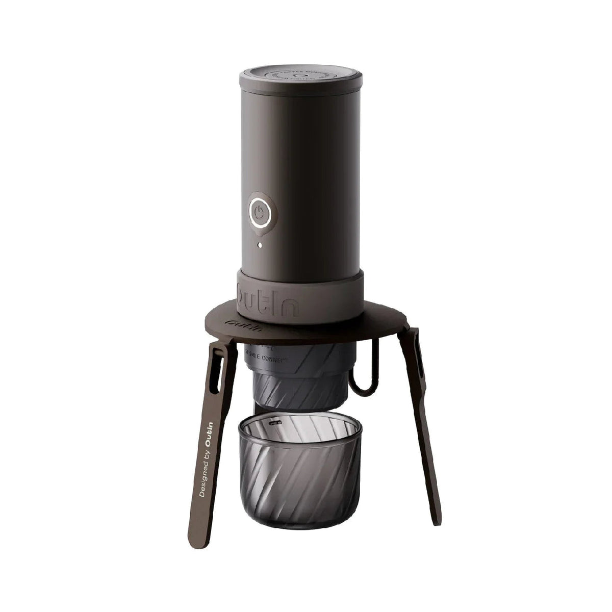 OutIn Foldable Coffee Stand, supporting a portable espresso machine mid-brew