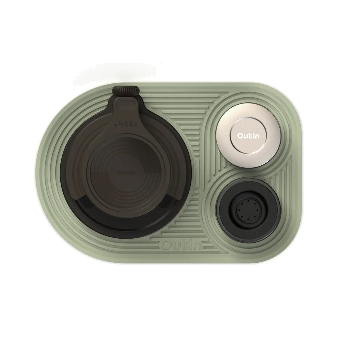 OutIn Silicone Coffee Mat, holding a machine and accessories