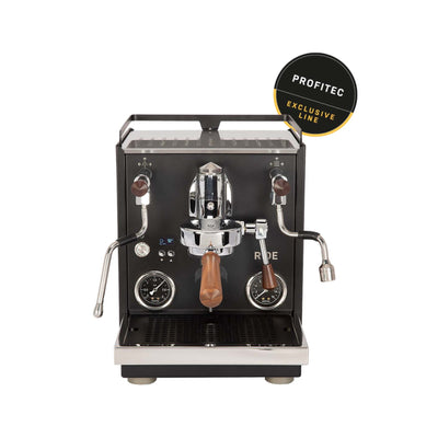 Profitec RIDE dual boiler espresso machine in matte black with walnut handles, front view, Exclusive Line
