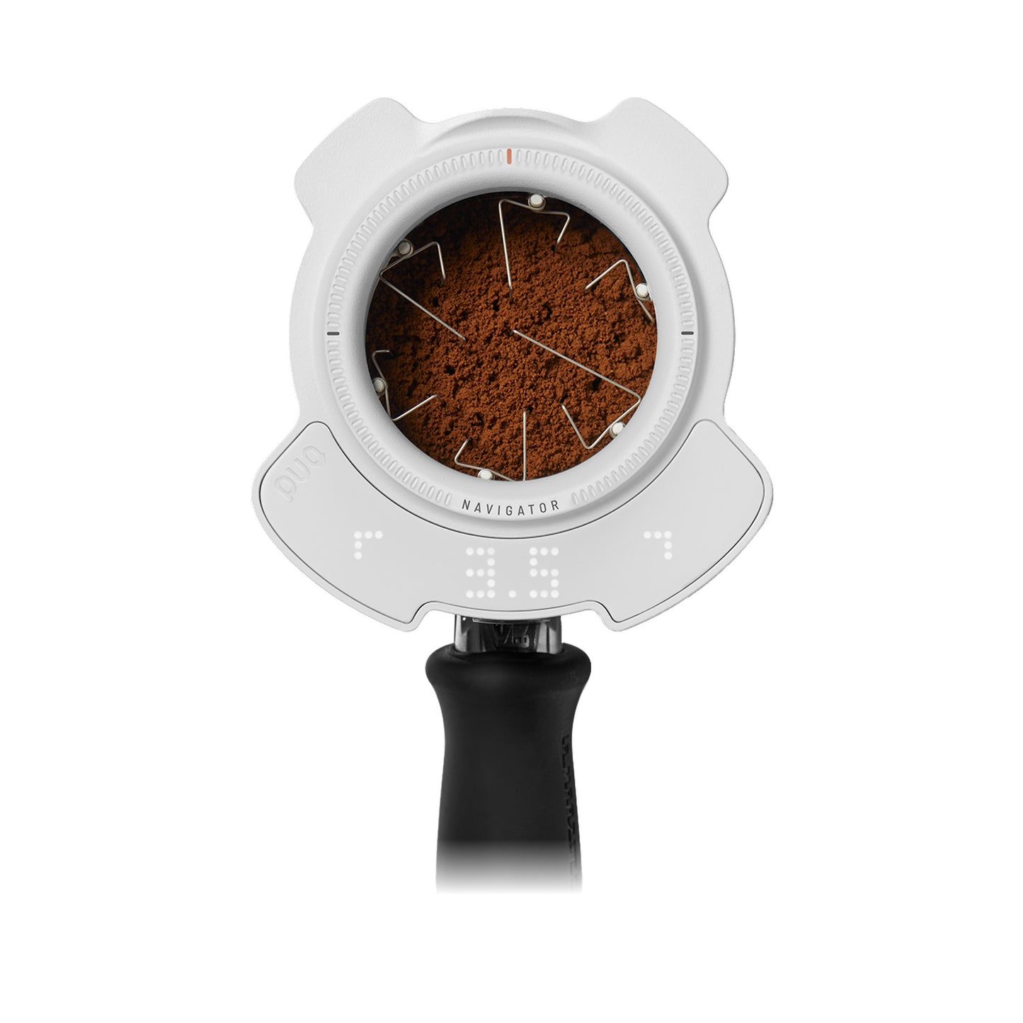 PUQ Prep Navigator in white, mounted on a portafilter with needles in the coffee bed