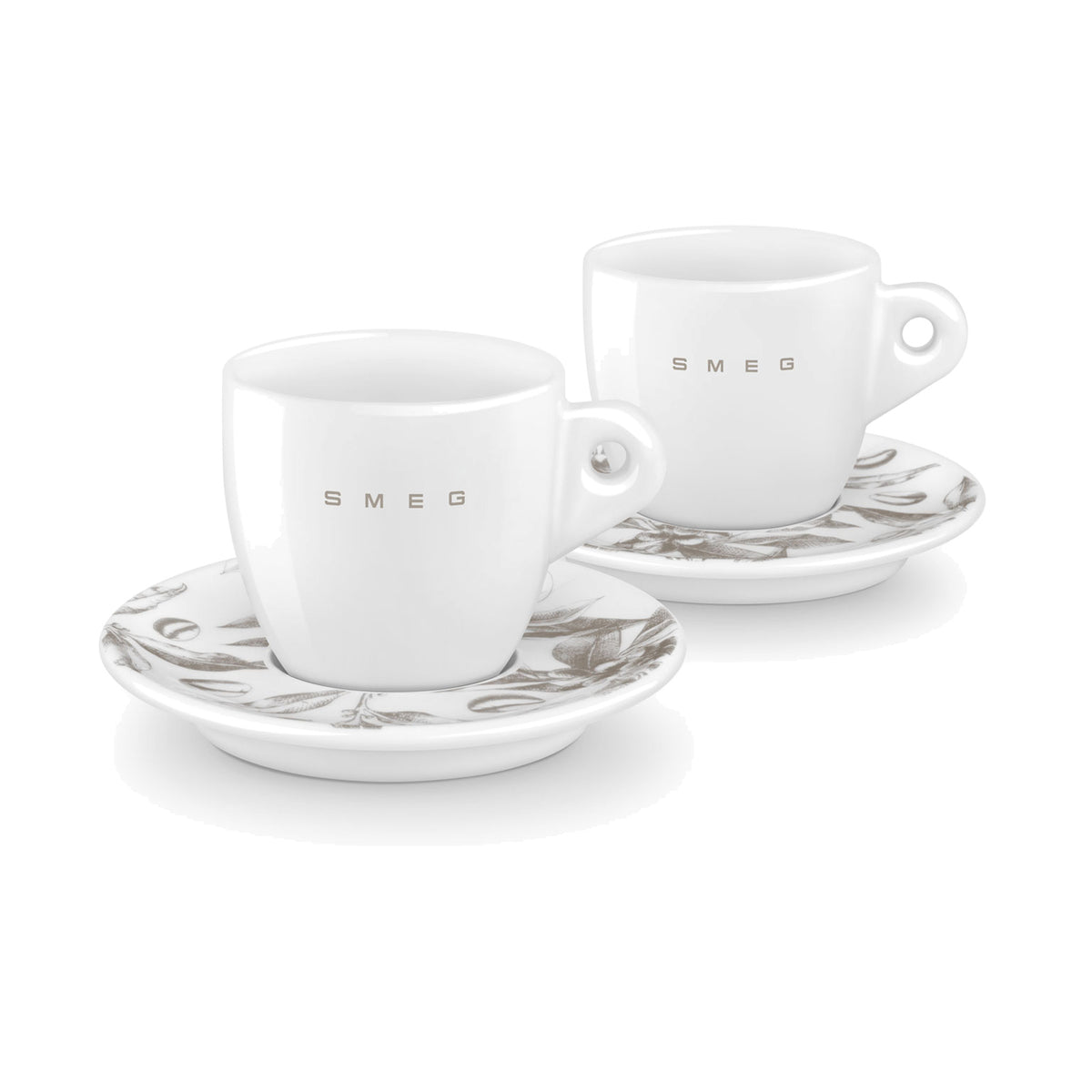SMEG cappuccino cup and saucer set in white, two white cups on saucers with a coffee-plant print