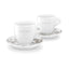SMEG cappuccino cup and saucer set in white, two white cups on saucers with a coffee-plant print