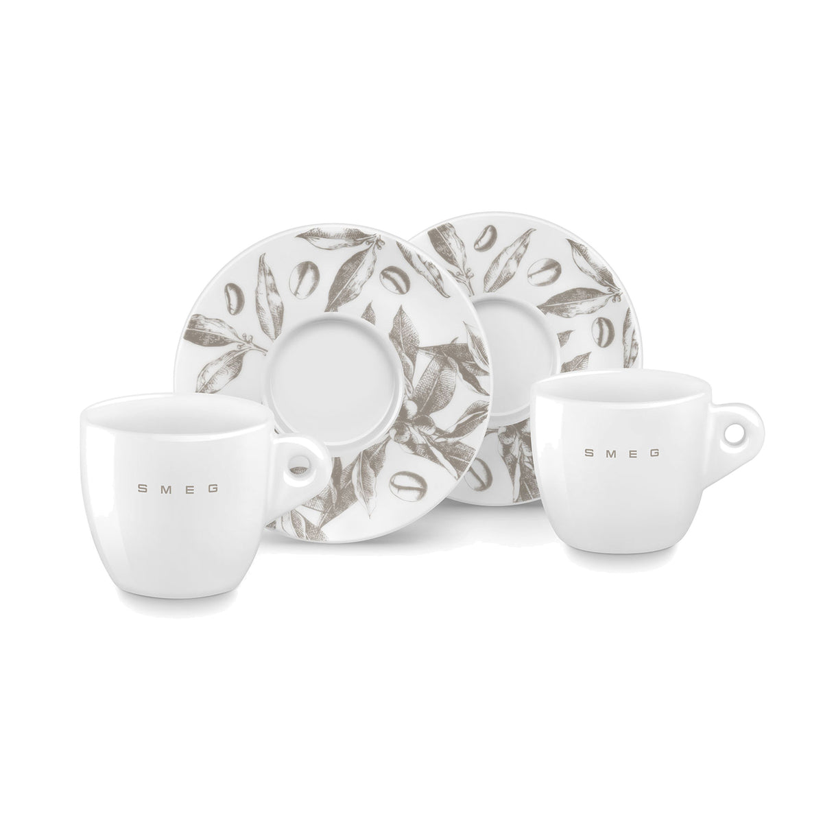 SMEG cappuccino cup and saucer set in white, cups and printed saucers arranged side by side