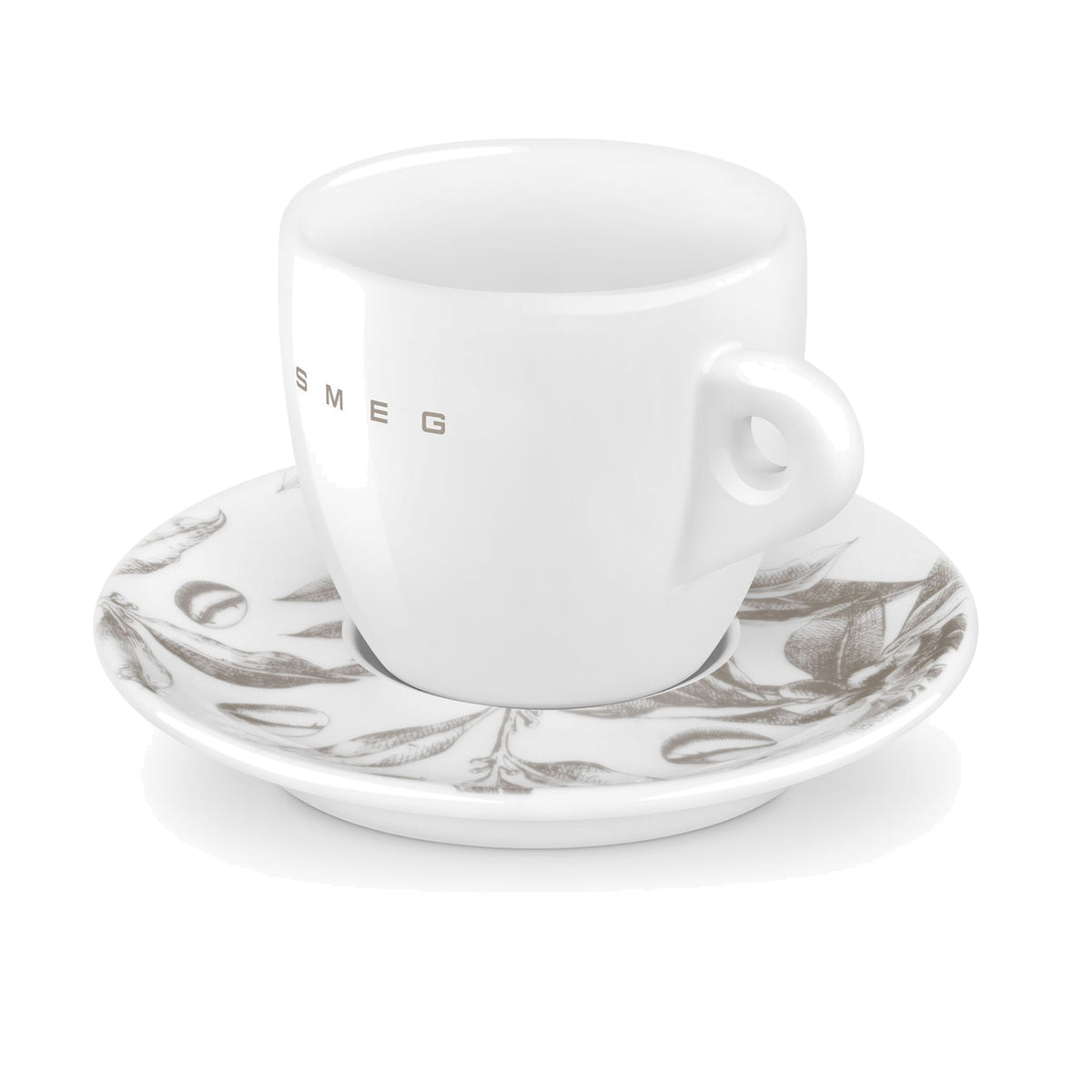 SMEG cappuccino cup and saucer set in white, single cup on its printed saucer
