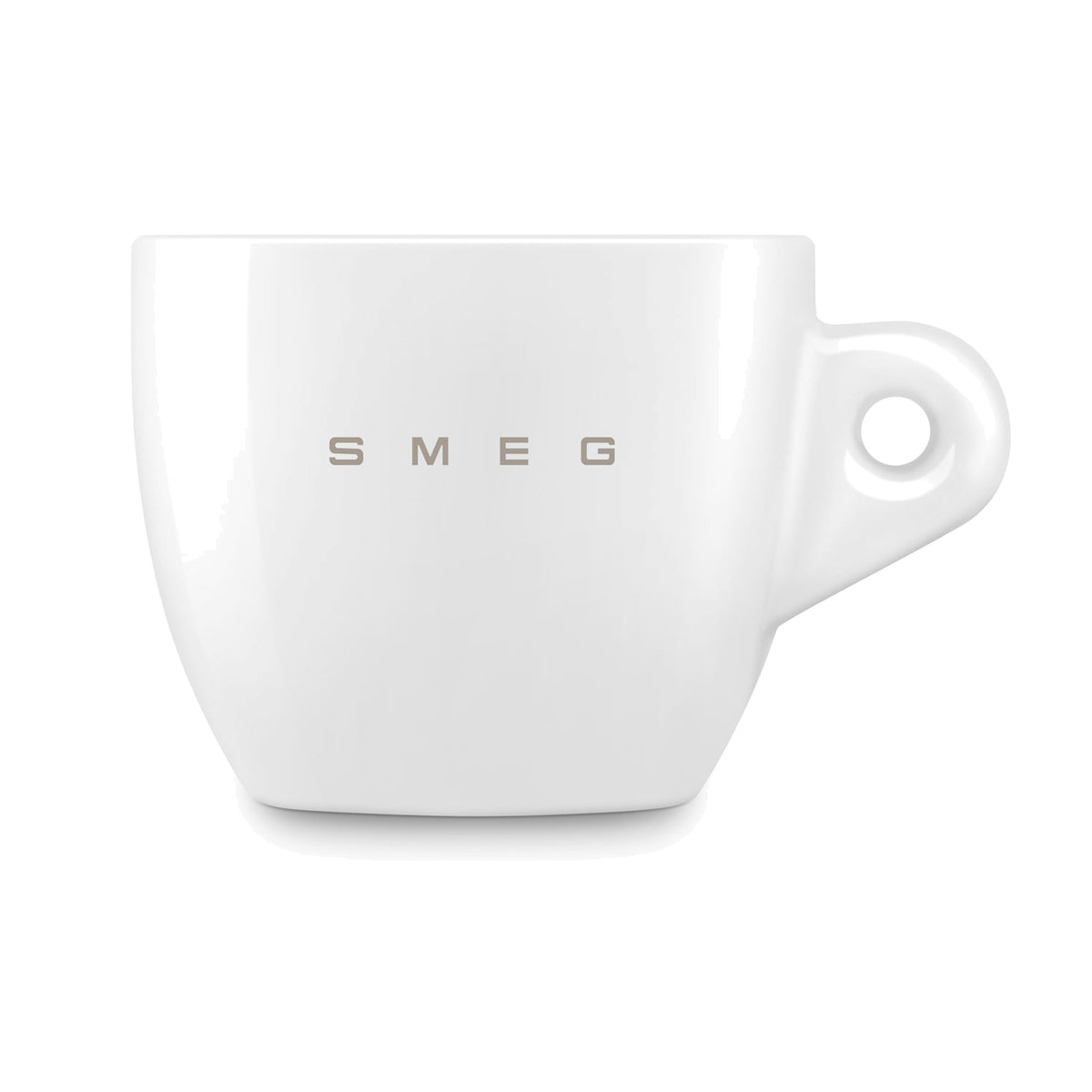 SMEG cappuccino cup and saucer set in white, cup on its own, showing the SMEG logo