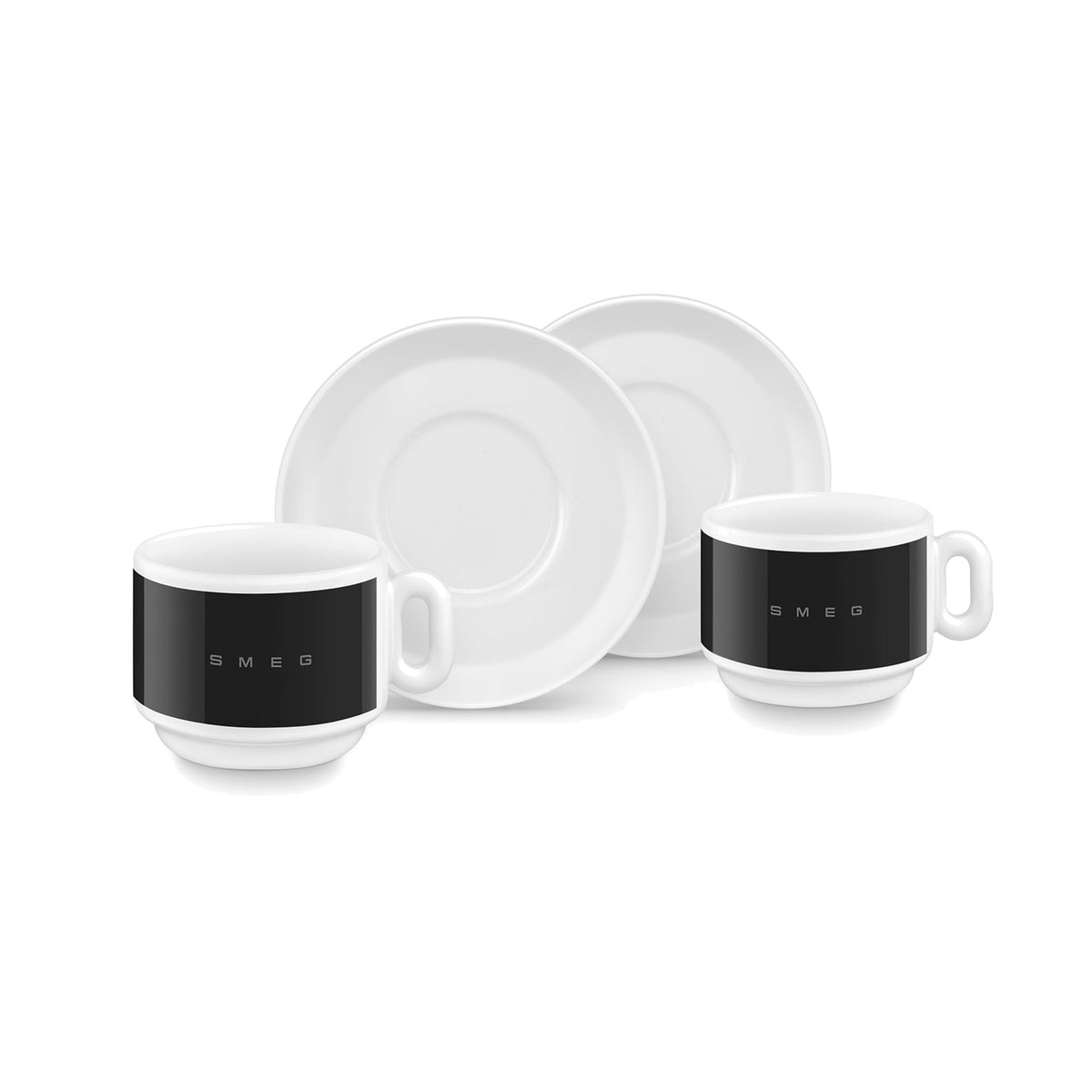 SMEG cappuccino cup and saucer set in black, two cups in front of their saucers