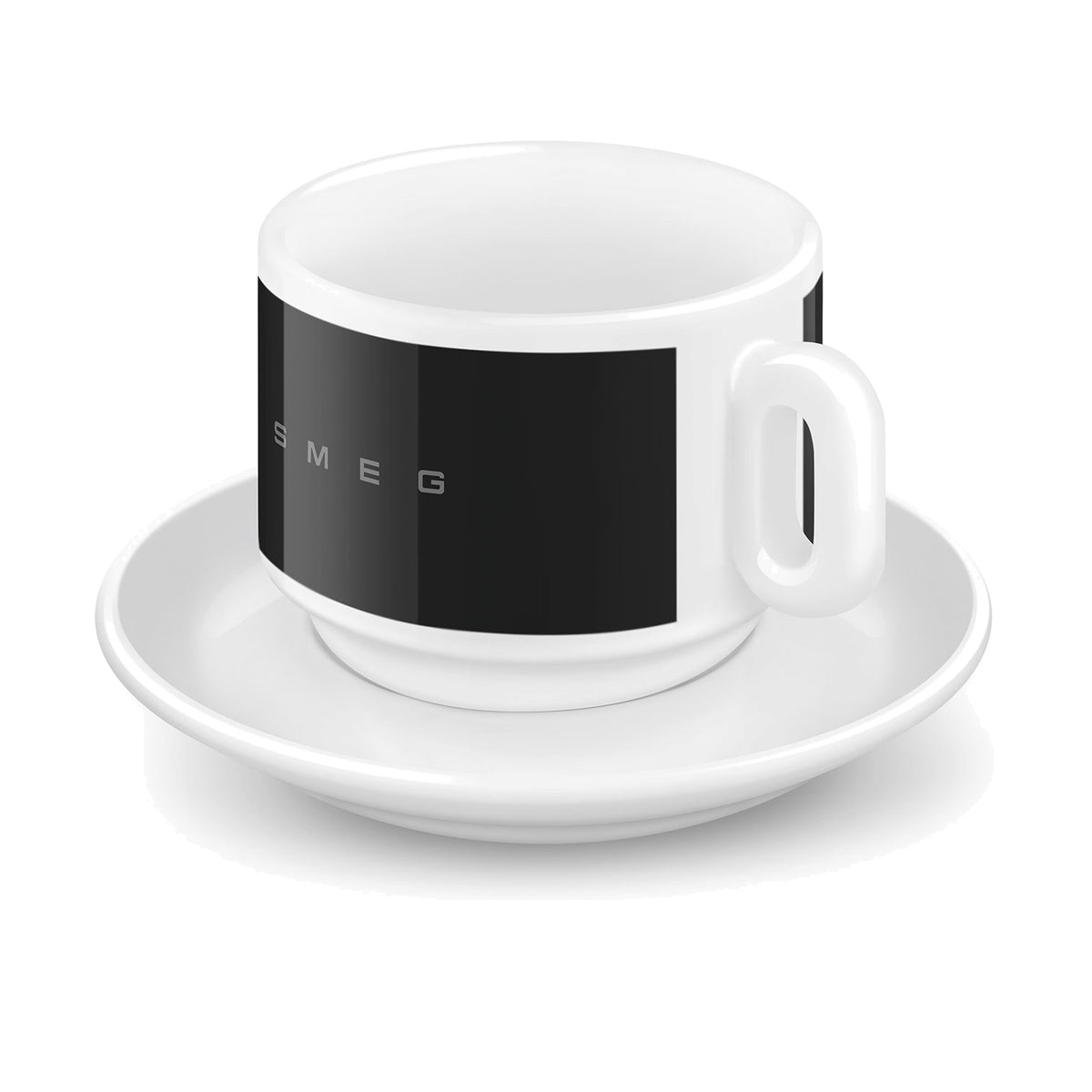 SMEG cappuccino cup and saucer set in black, single cup on its saucer