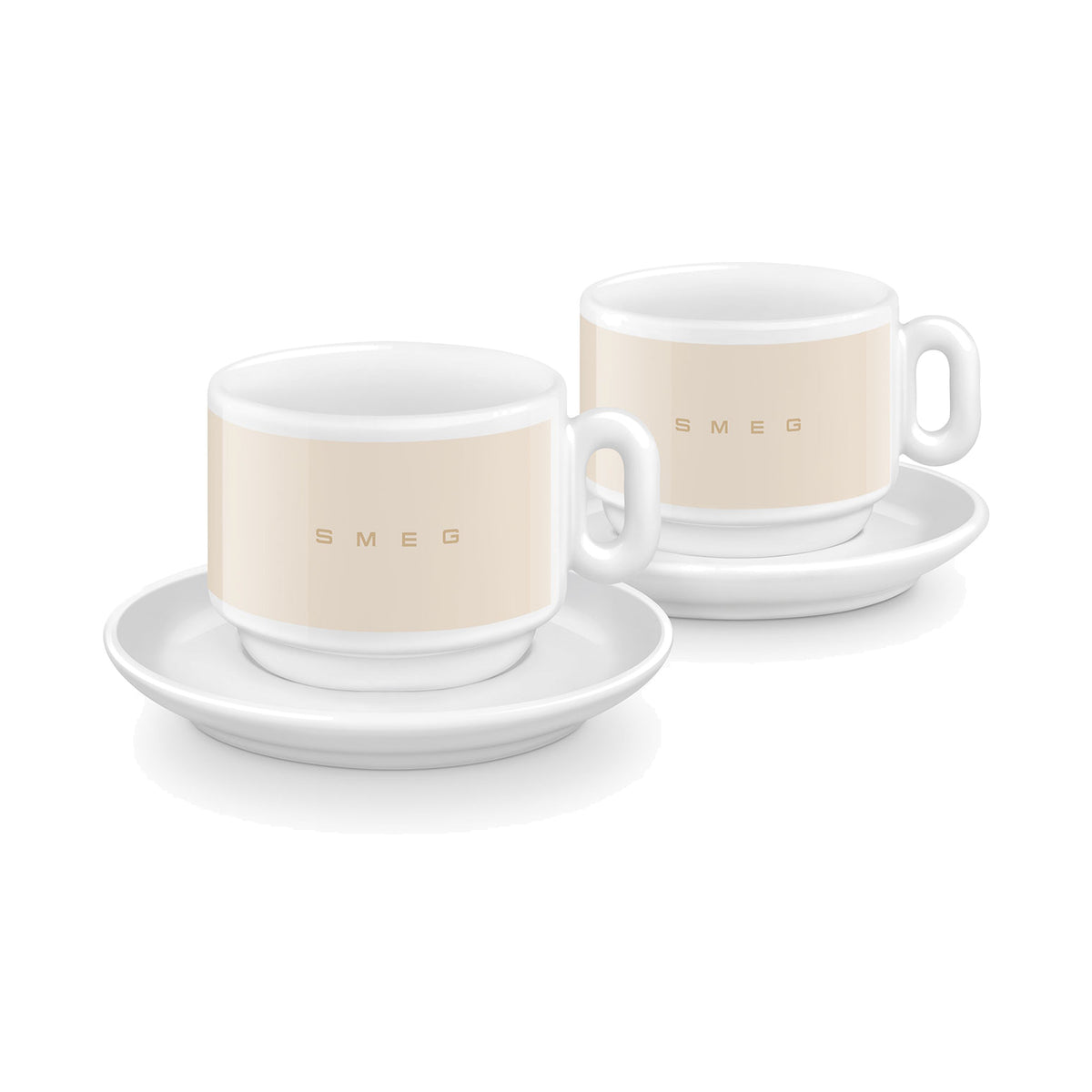 SMEG cappuccino cup and saucer set in cream, two cups on white saucers