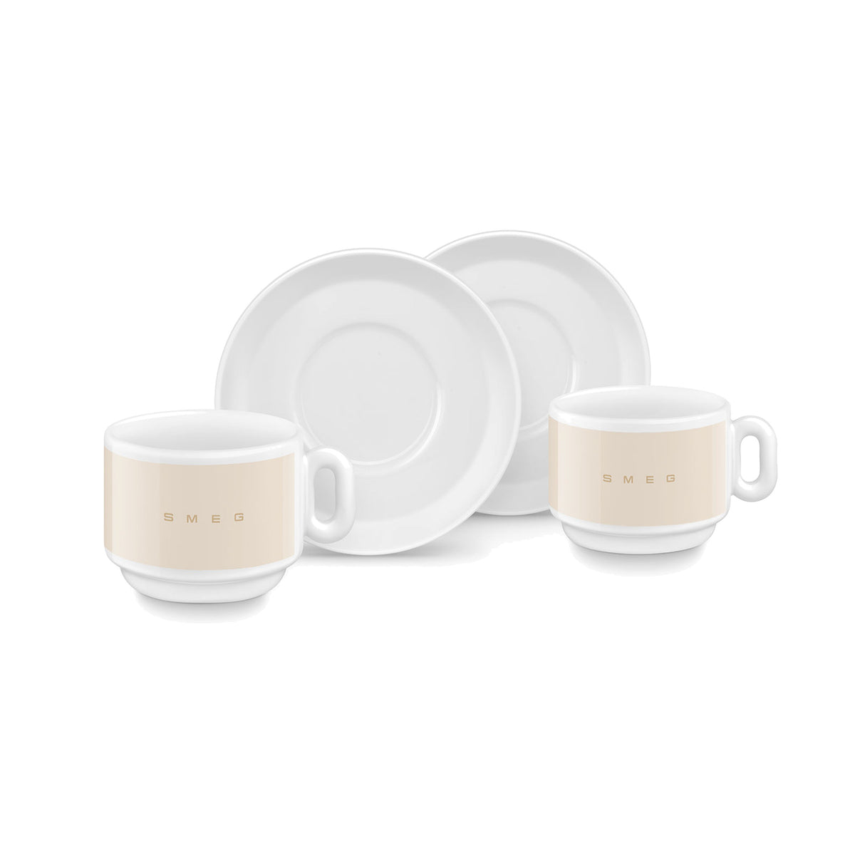 SMEG cappuccino cup and saucer set in cream, two cups in front of their saucers