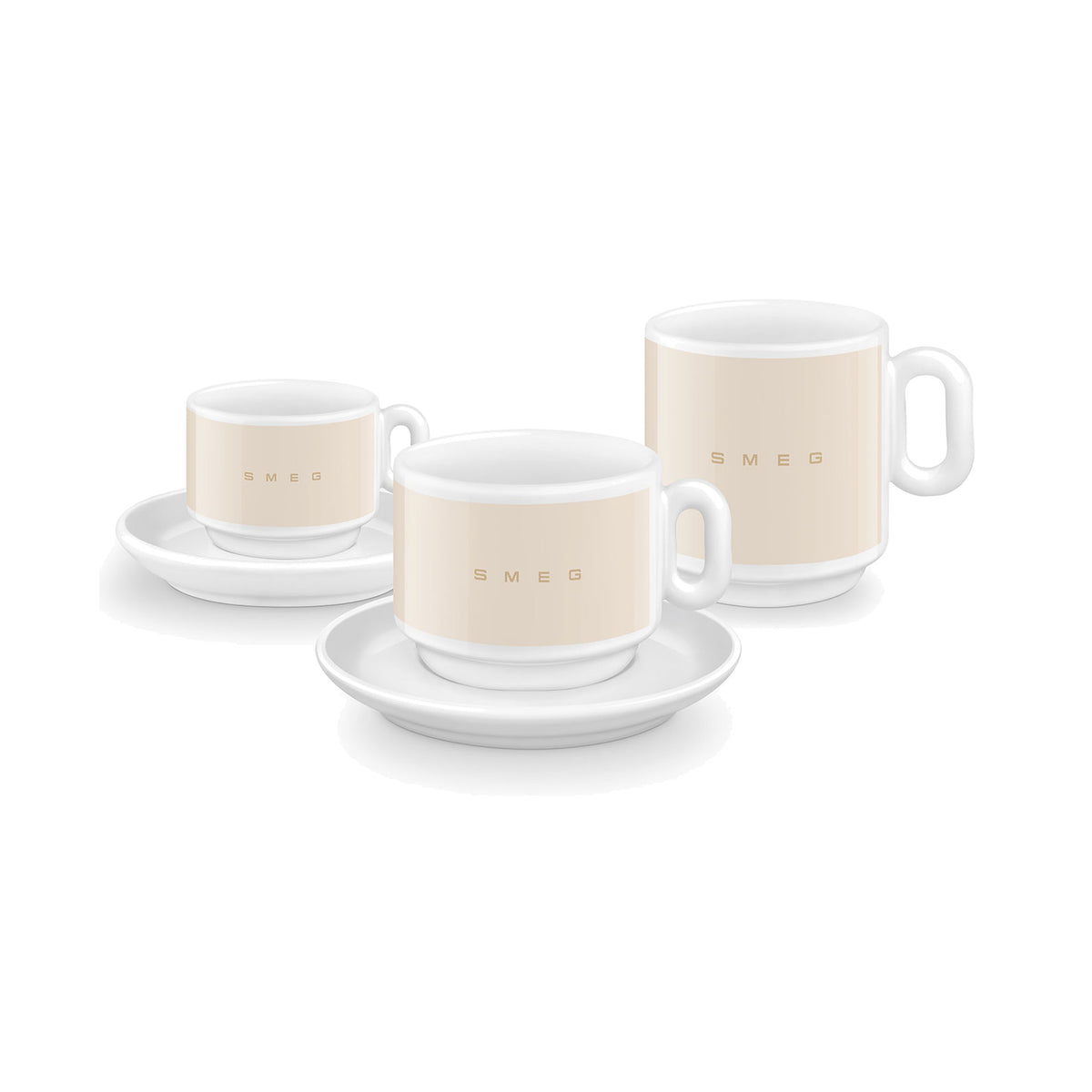 SMEG cappuccino cup and saucer set in cream, two cups stacked on saucers