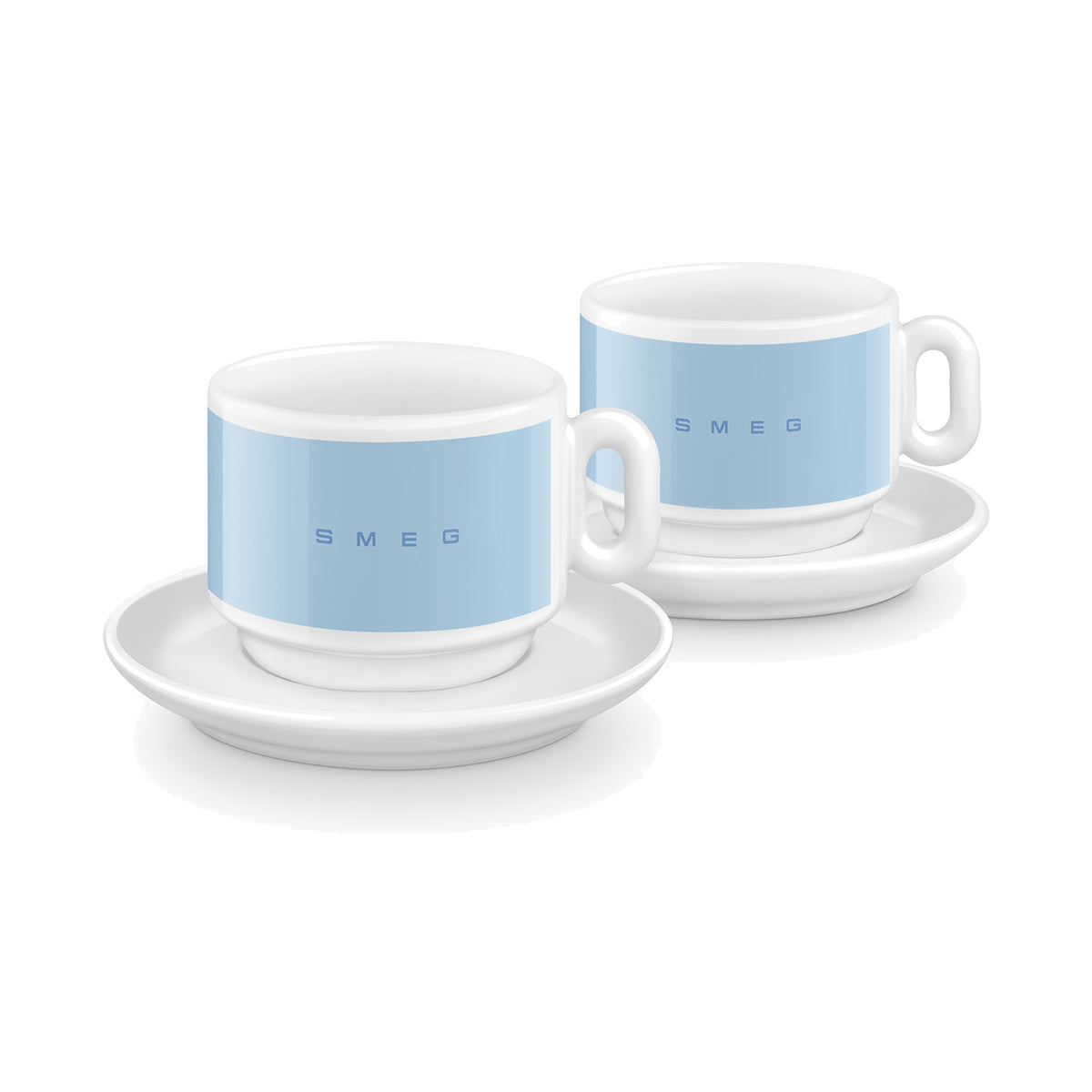 SMEG cappuccino cup and saucer set in pastel blue, two cups on white saucers