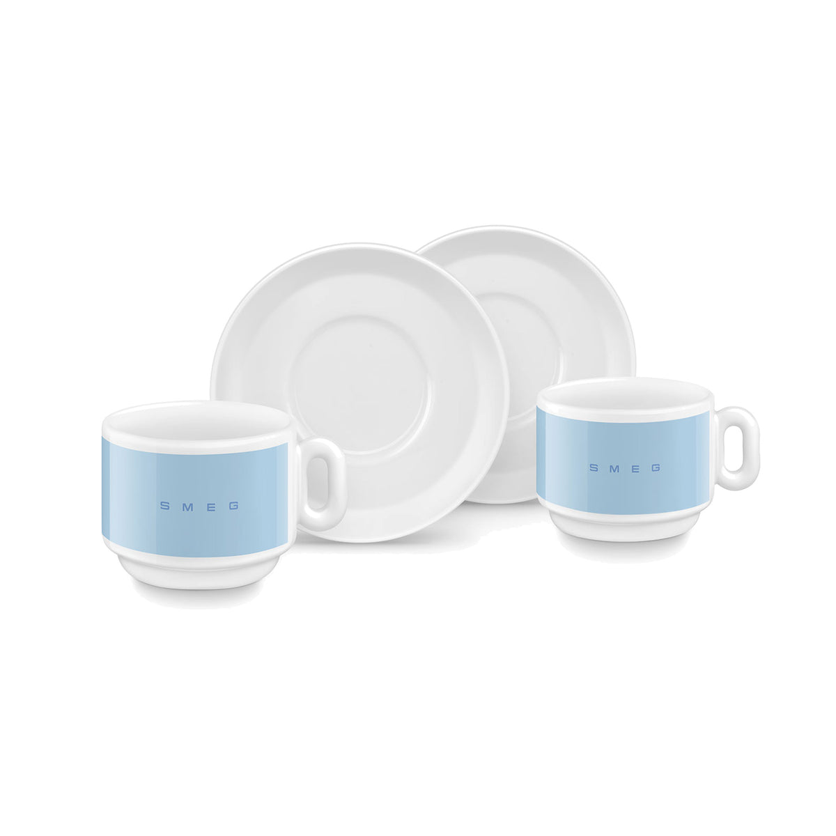 SMEG cappuccino cup and saucer set in pastel blue, two cups in front of their saucers
