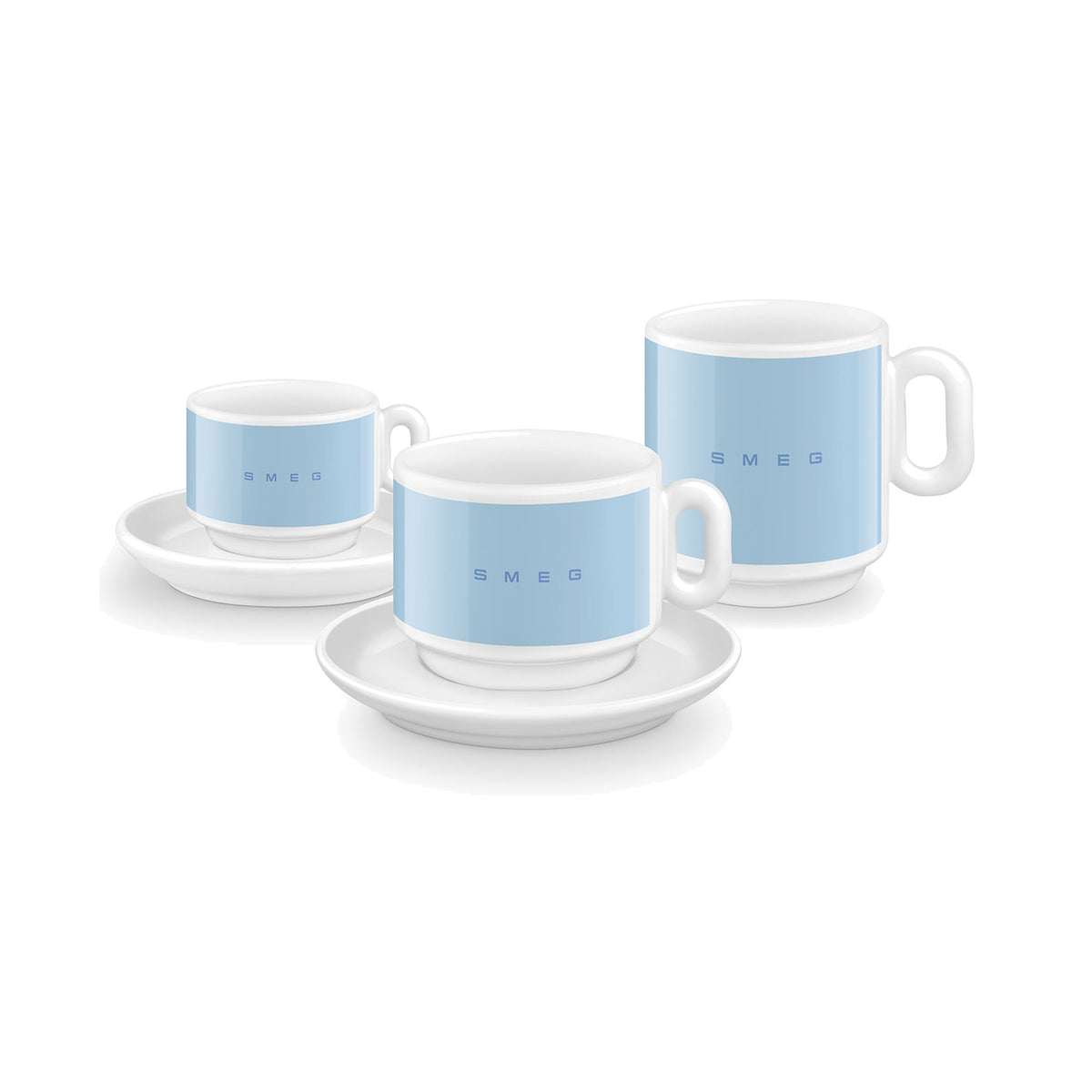 SMEG cappuccino cup and saucer set in pastel blue, two cups stacked on saucers
