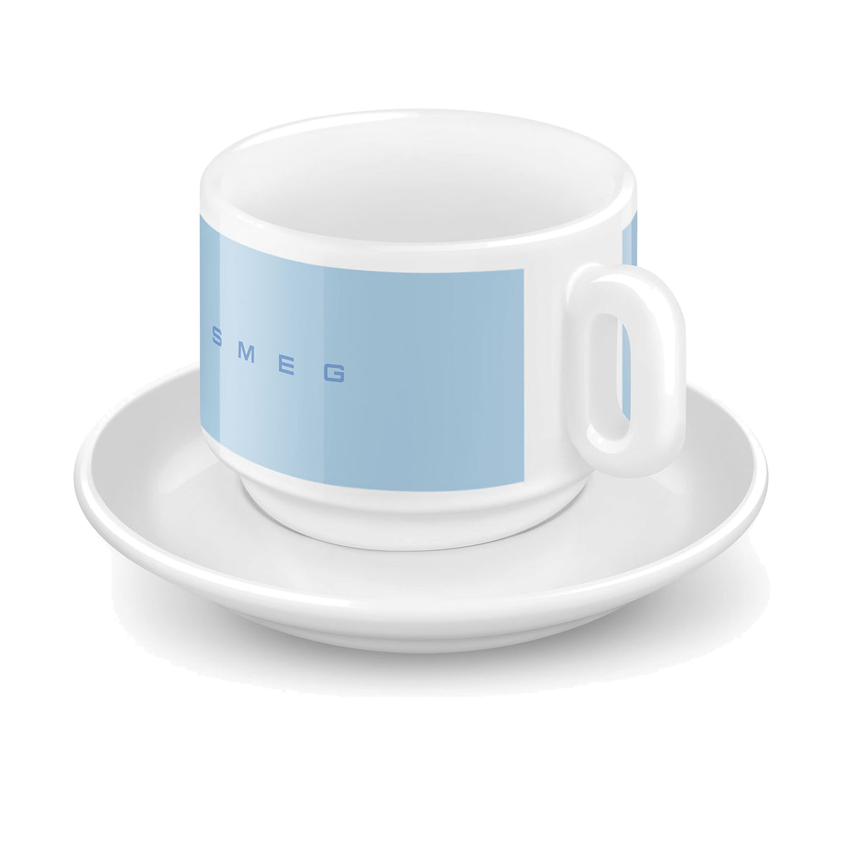 SMEG cappuccino cup and saucer set in pastel blue, single cup on its saucer