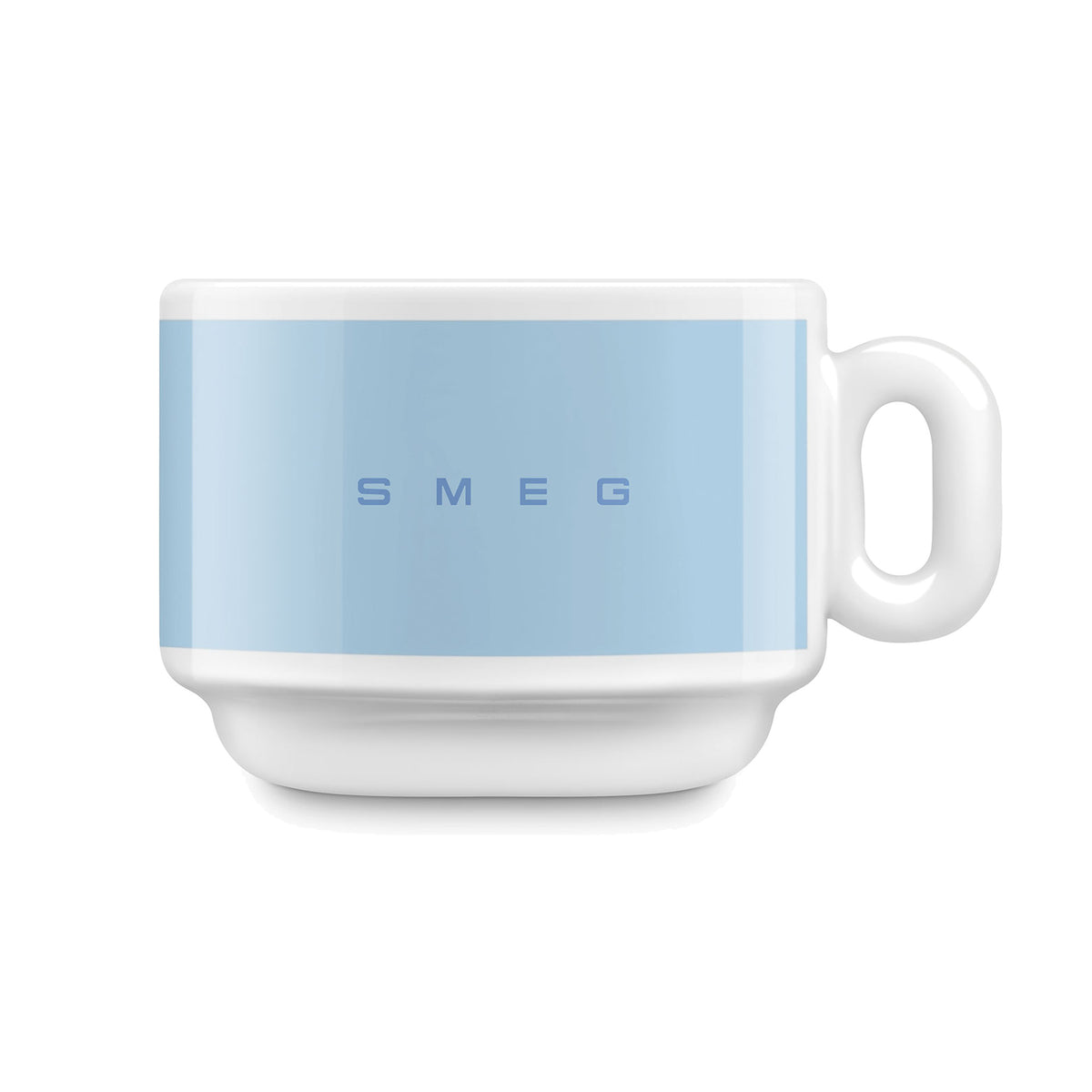 SMEG cappuccino cup and saucer set in pastel blue, cup on its own, showing the SMEG logo