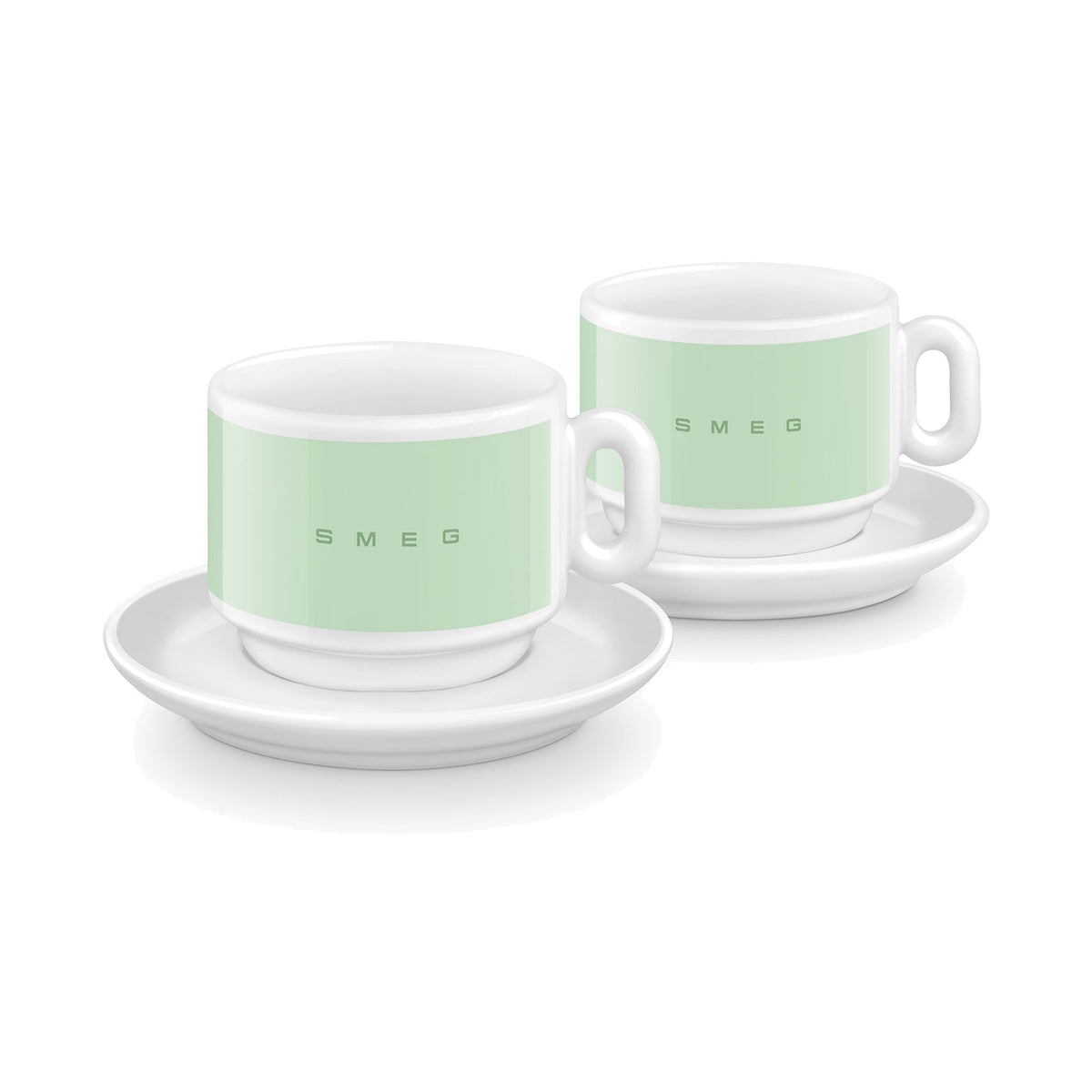 SMEG cappuccino cup and saucer set in pastel green, two cups on white saucers