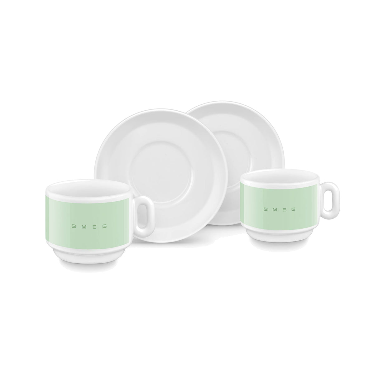 SMEG cappuccino cup and saucer set in pastel green, two cups in front of their saucers