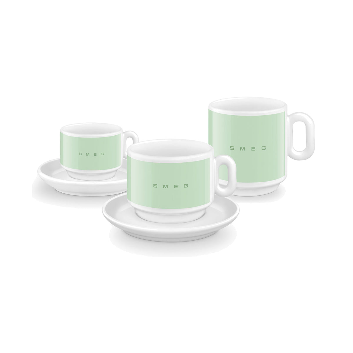 SMEG cappuccino cup and saucer set in pastel green, two cups stacked on saucers