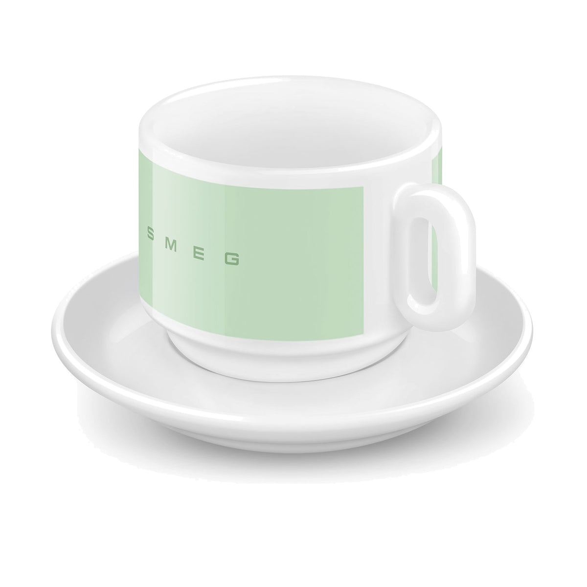 SMEG cappuccino cup and saucer set in pastel green, single cup on its saucer