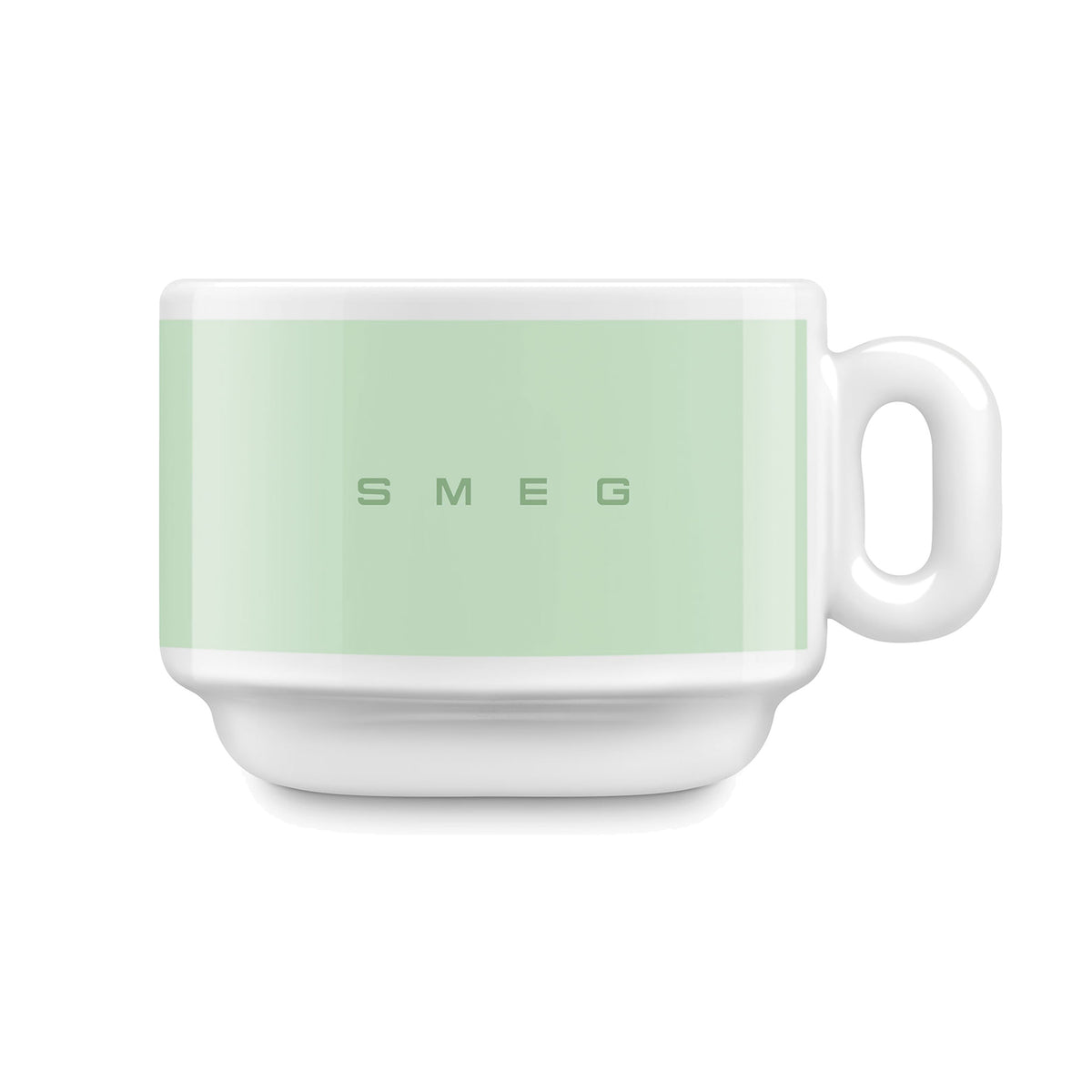 SMEG cappuccino cup and saucer set in pastel green, cup on its own, showing the SMEG logo