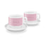 SMEG cappuccino cup and saucer set in pink, two cups on white saucers