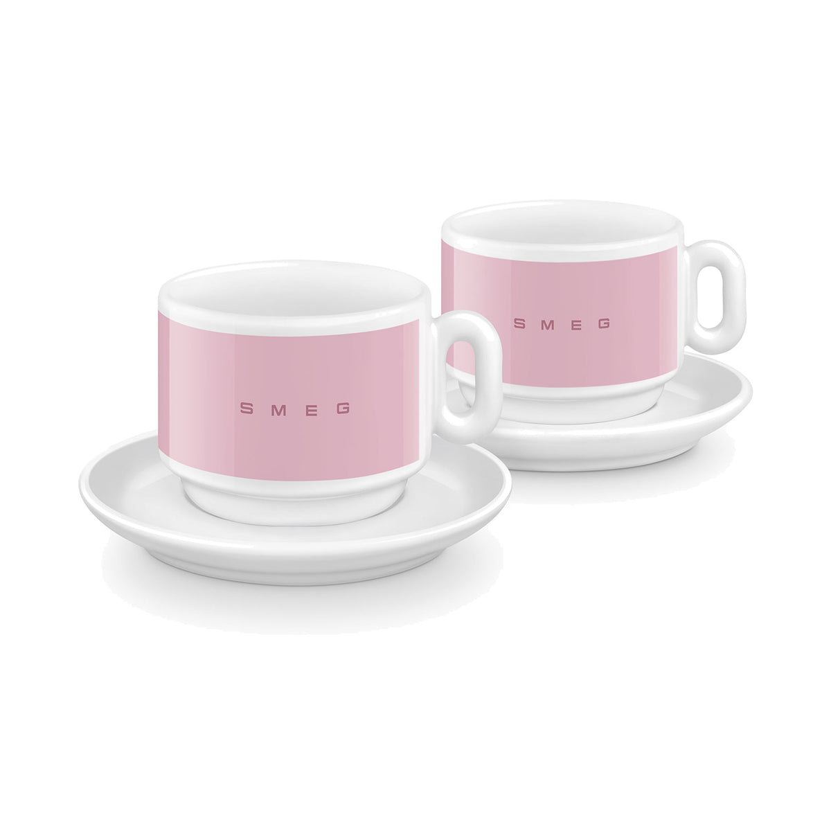SMEG cappuccino cup and saucer set in pink, two cups on white saucers
