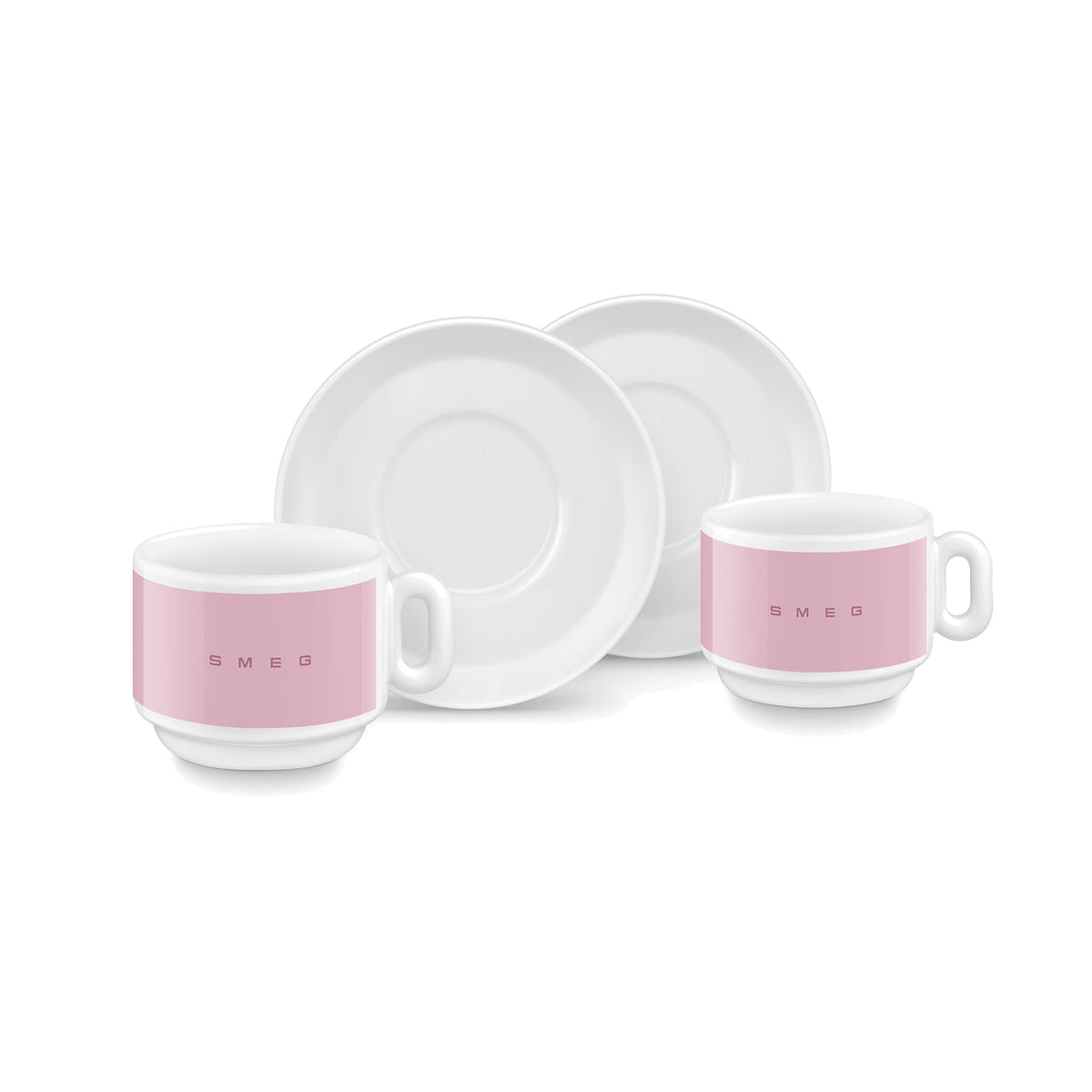 SMEG cappuccino cup and saucer set in pink, two cups in front of their saucers