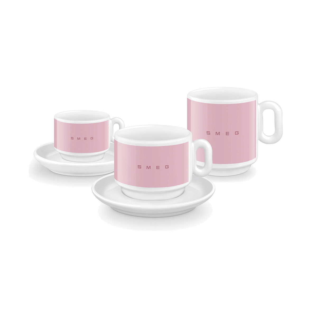 SMEG cappuccino cup and saucer set in pink, two cups stacked on saucers
