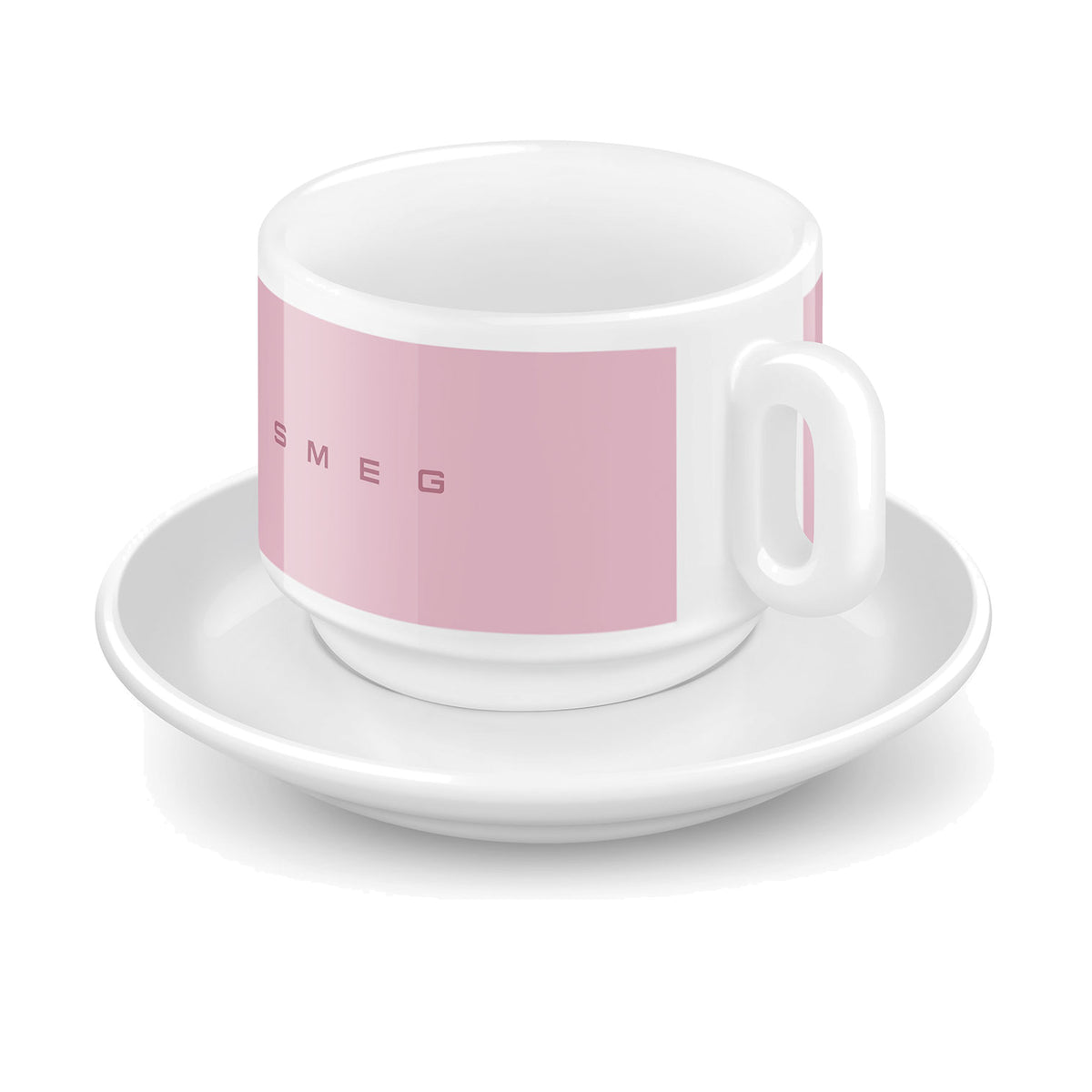 SMEG cappuccino cup and saucer set in pink, single cup on its saucer