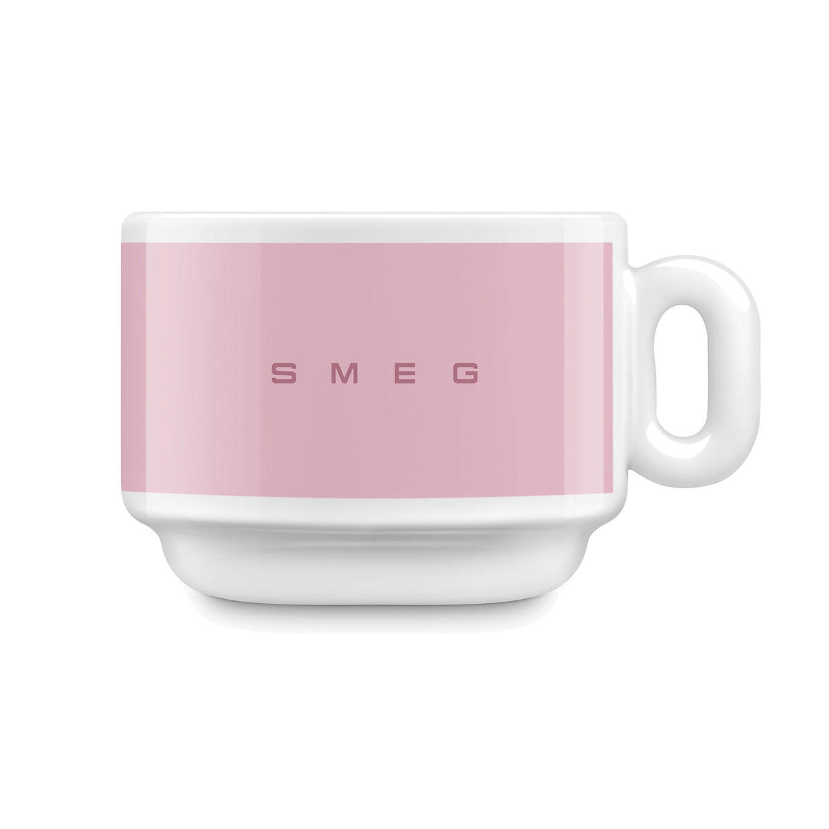 SMEG cappuccino cup and saucer set in pink, cup on its own, showing the SMEG logo