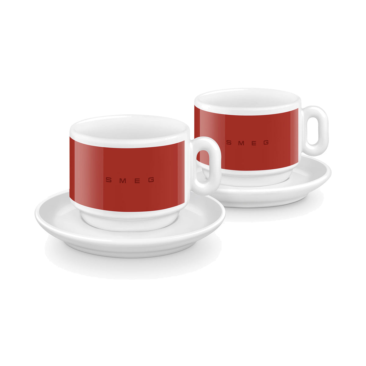 SMEG cappuccino cup and saucer set in red, two cups on white saucers