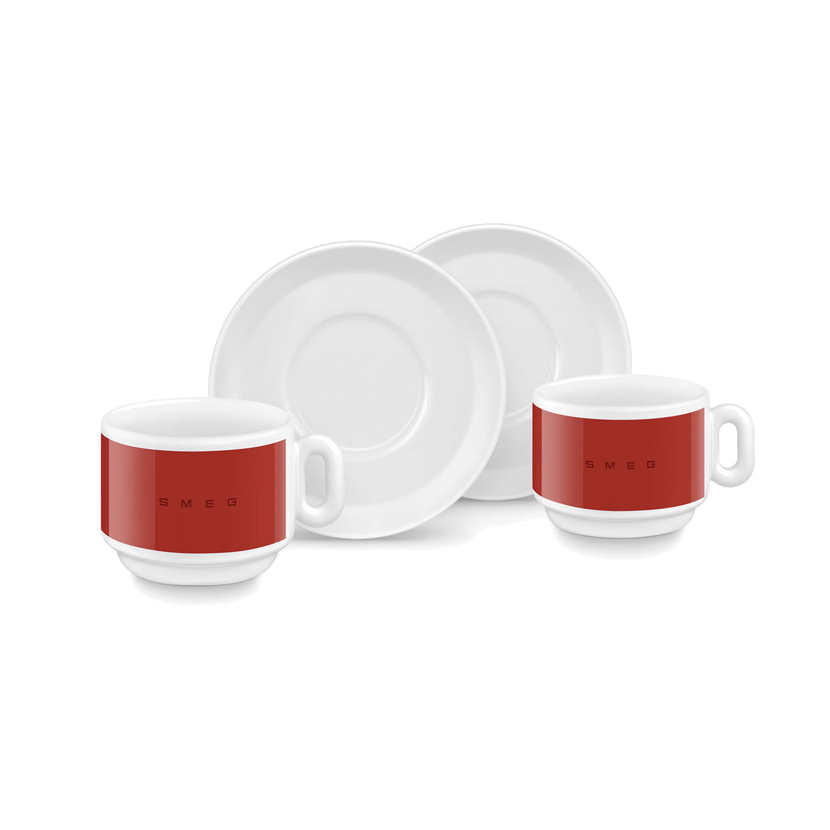 SMEG cappuccino cup and saucer set in red, two cups in front of their saucers