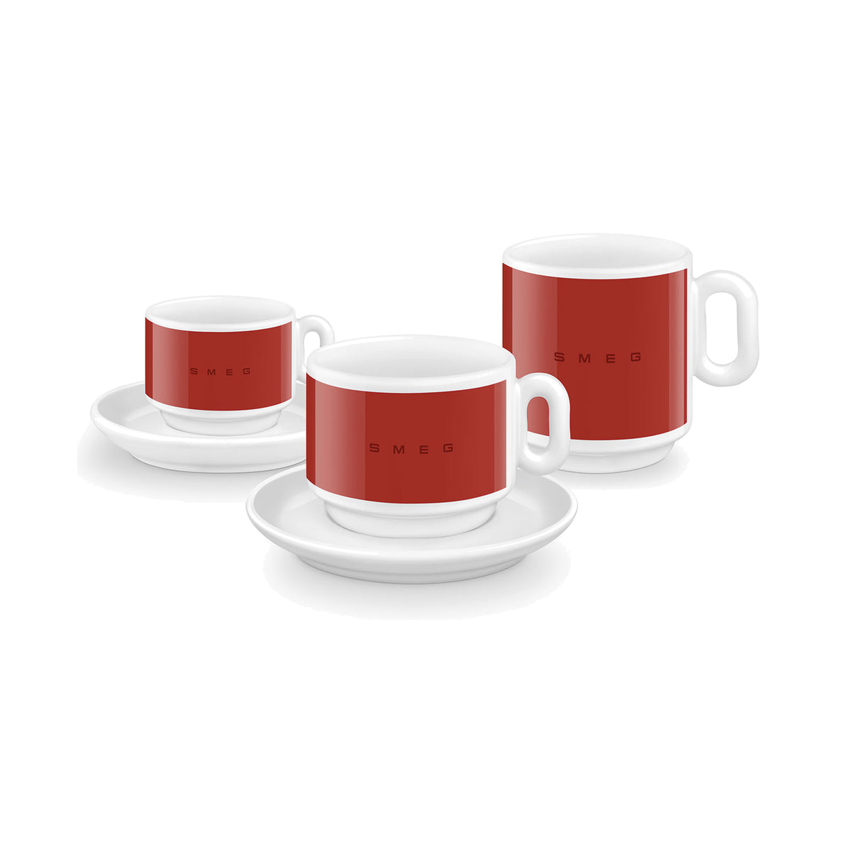 SMEG cappuccino cup and saucer set in red, two cups stacked on saucers