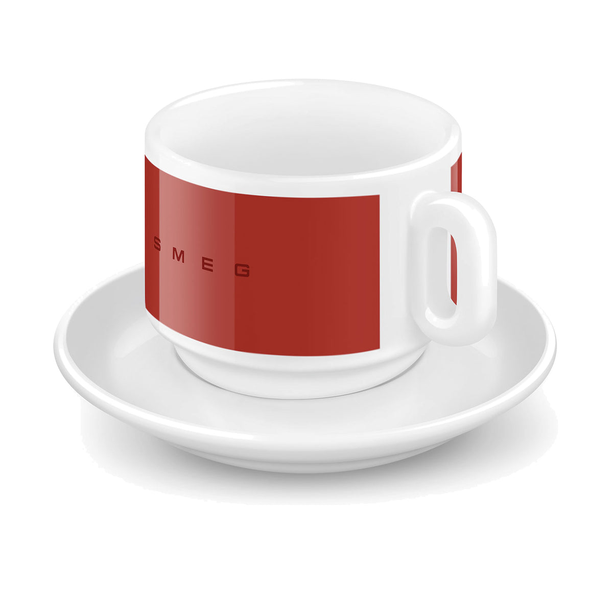 SMEG cappuccino cup and saucer set in red, single cup on its saucer