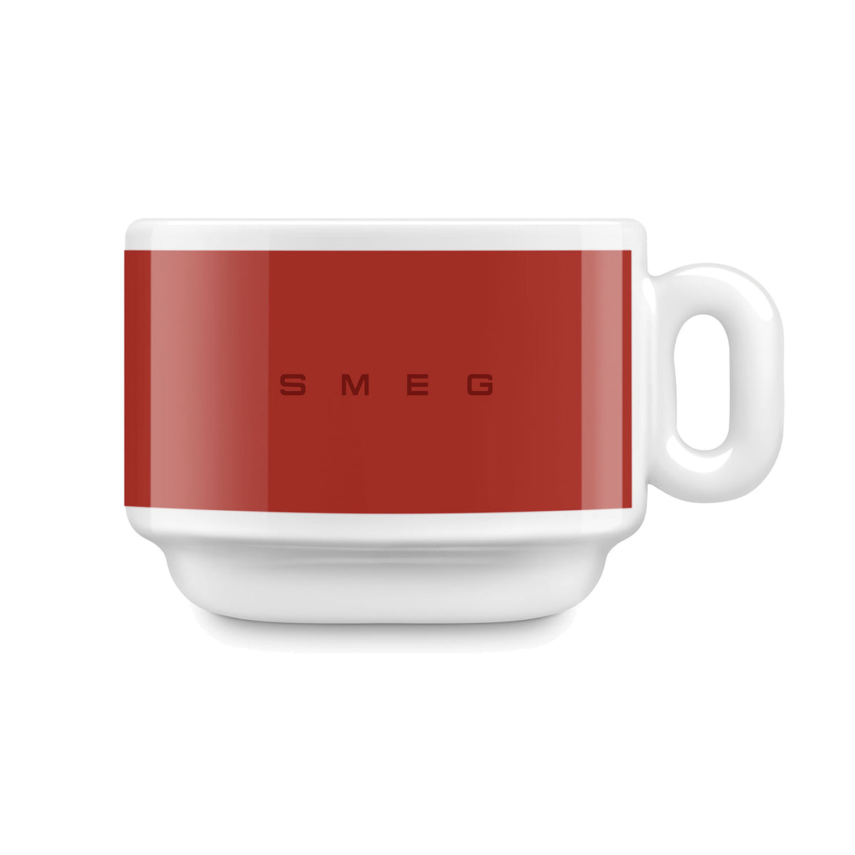 SMEG cappuccino cup and saucer set in red, cup on its own, showing the SMEG logo