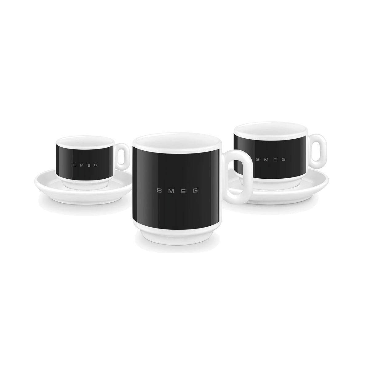 SMEG coffee mug in black, mug beside the matching espresso and cappuccino cups