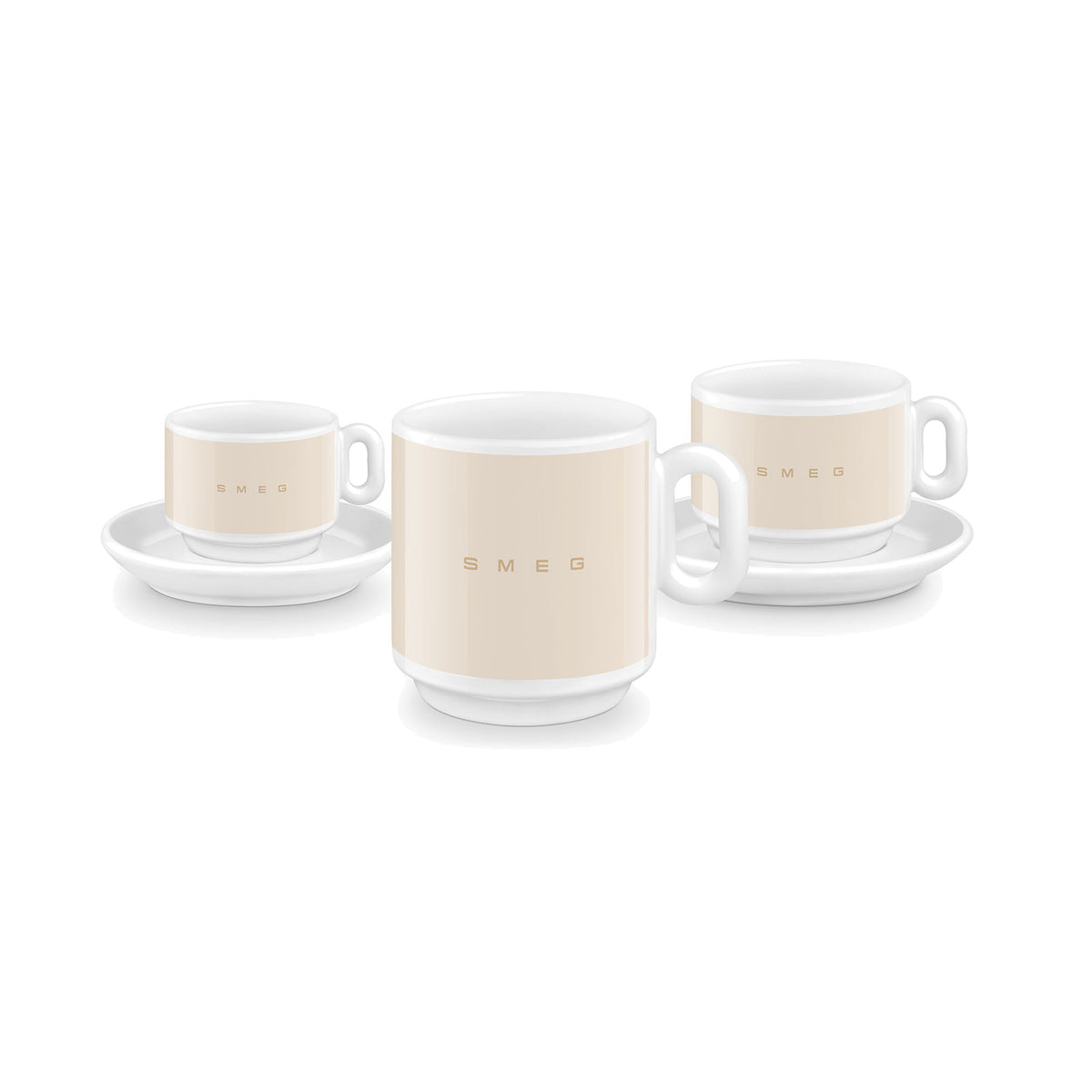 SMEG coffee mug in cream, mug beside the matching espresso and cappuccino cups