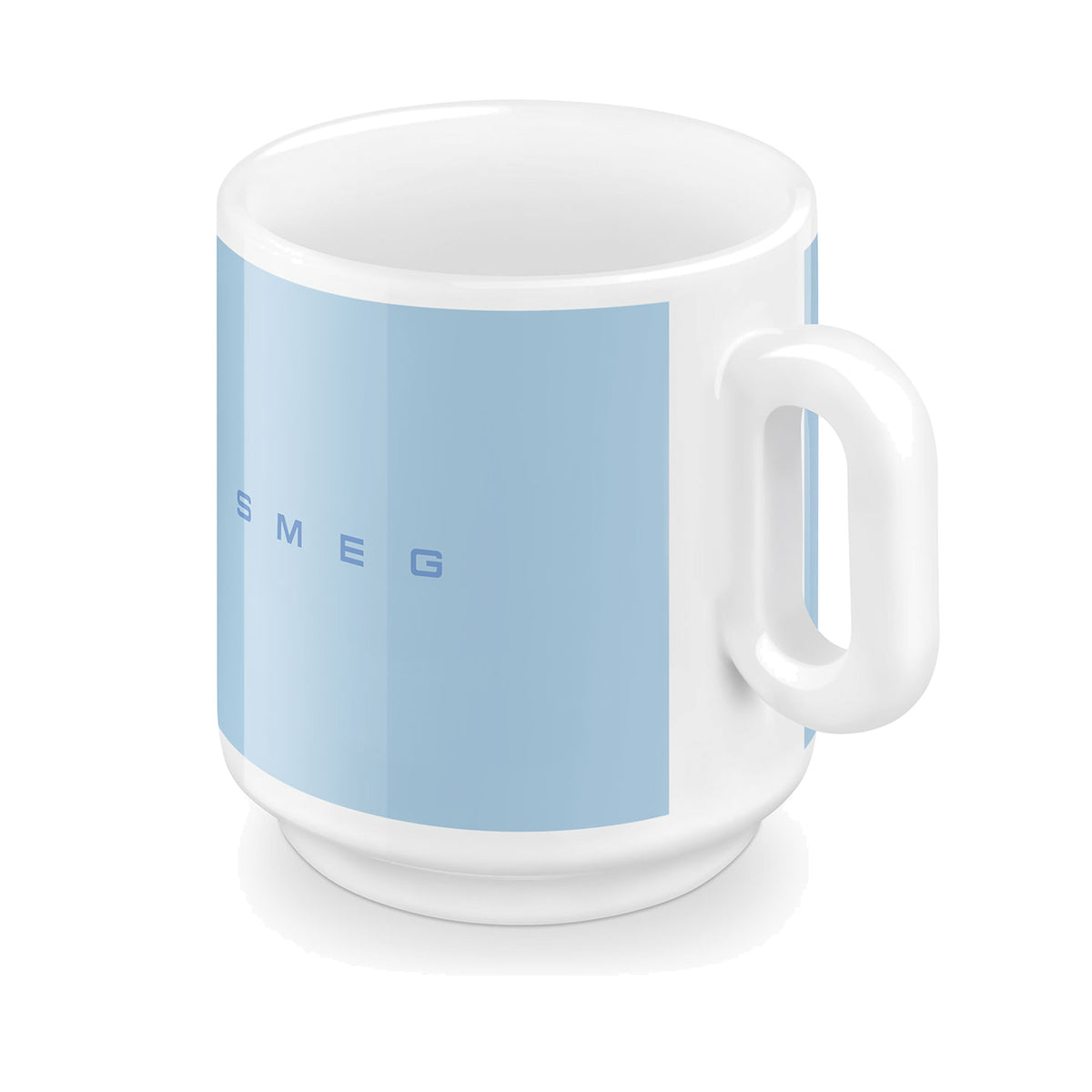 SMEG coffee mug in pastel blue, angled side view