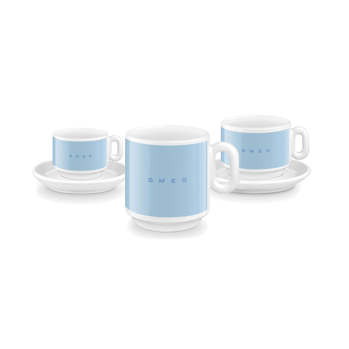 SMEG coffee mug in pastel blue, mug beside the matching espresso and cappuccino cups
