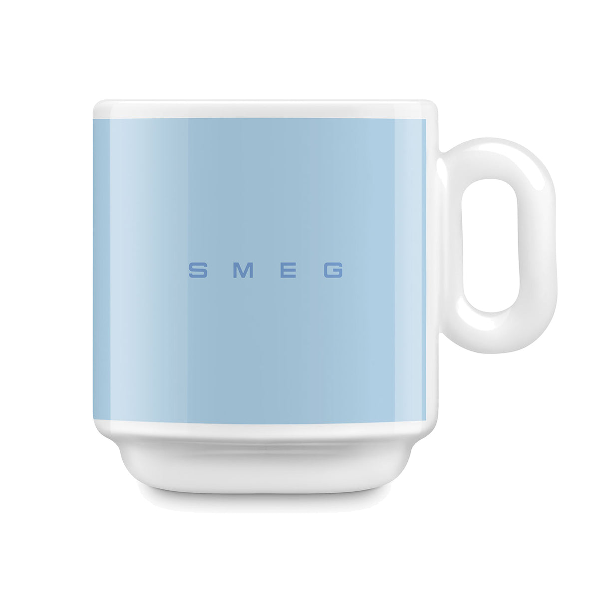 SMEG coffee mug in pastel blue, front view with handle on the right