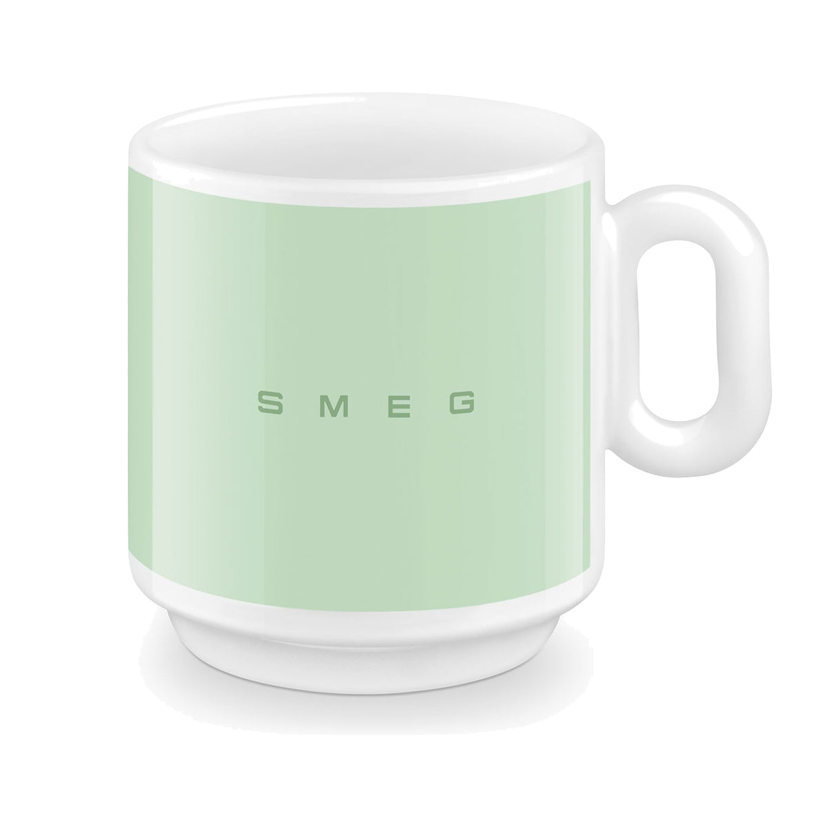 SMEG coffee mug in pastel green, front view showing the SMEG logo