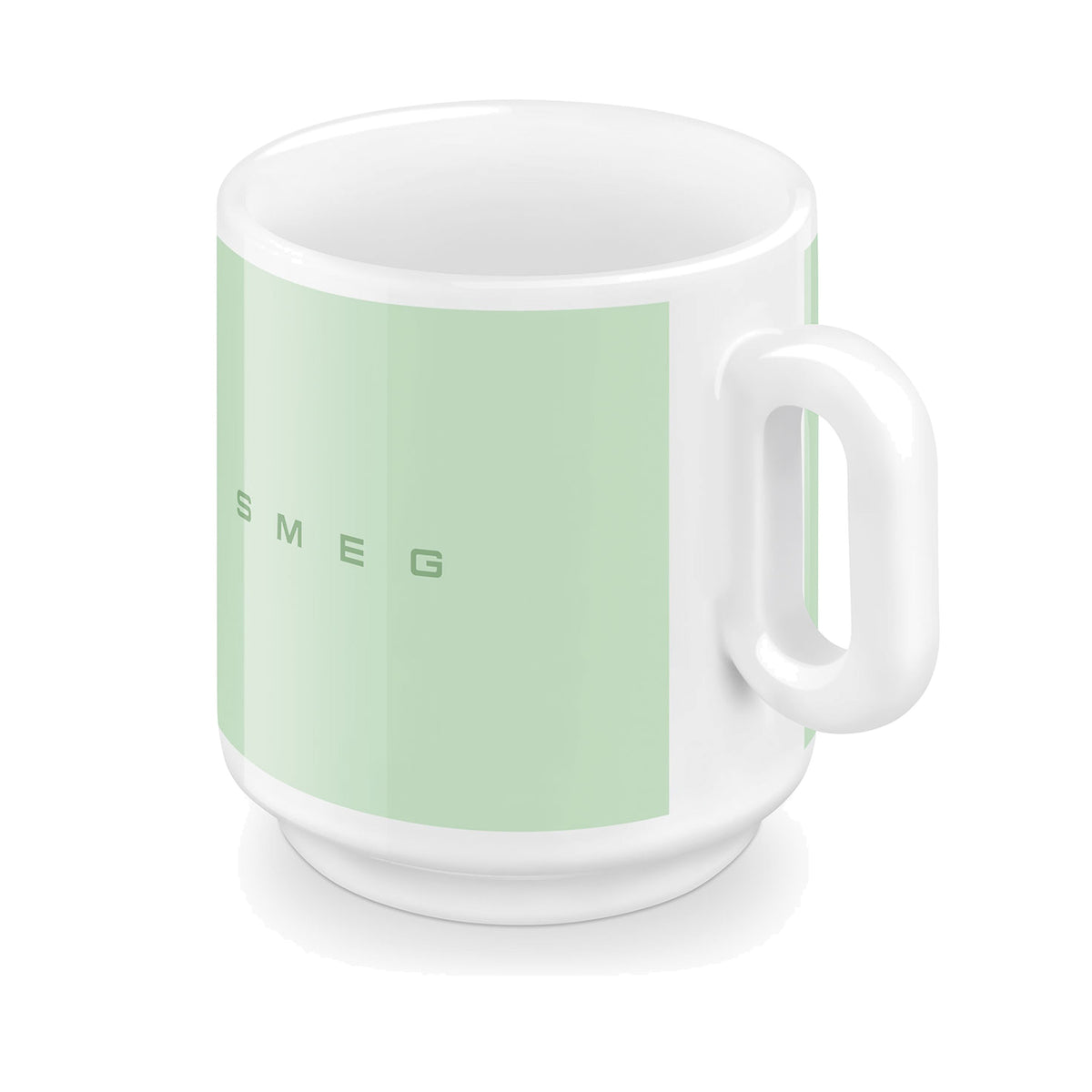 SMEG coffee mug in pastel green, angled side view