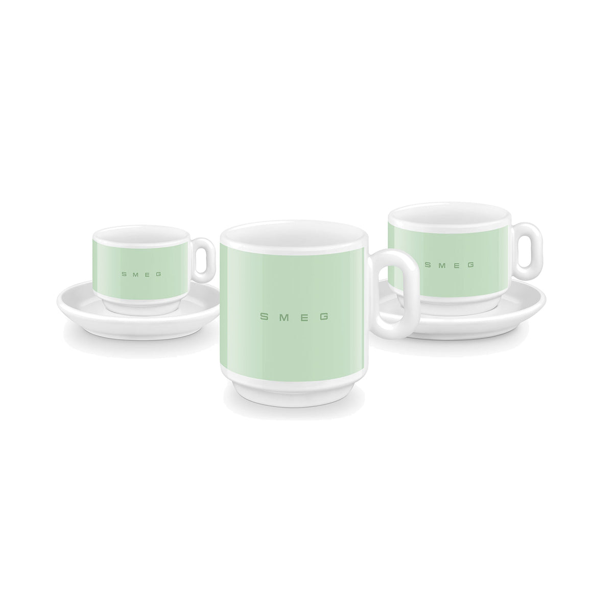 SMEG coffee mug in pastel green, mug beside the matching espresso and cappuccino cups