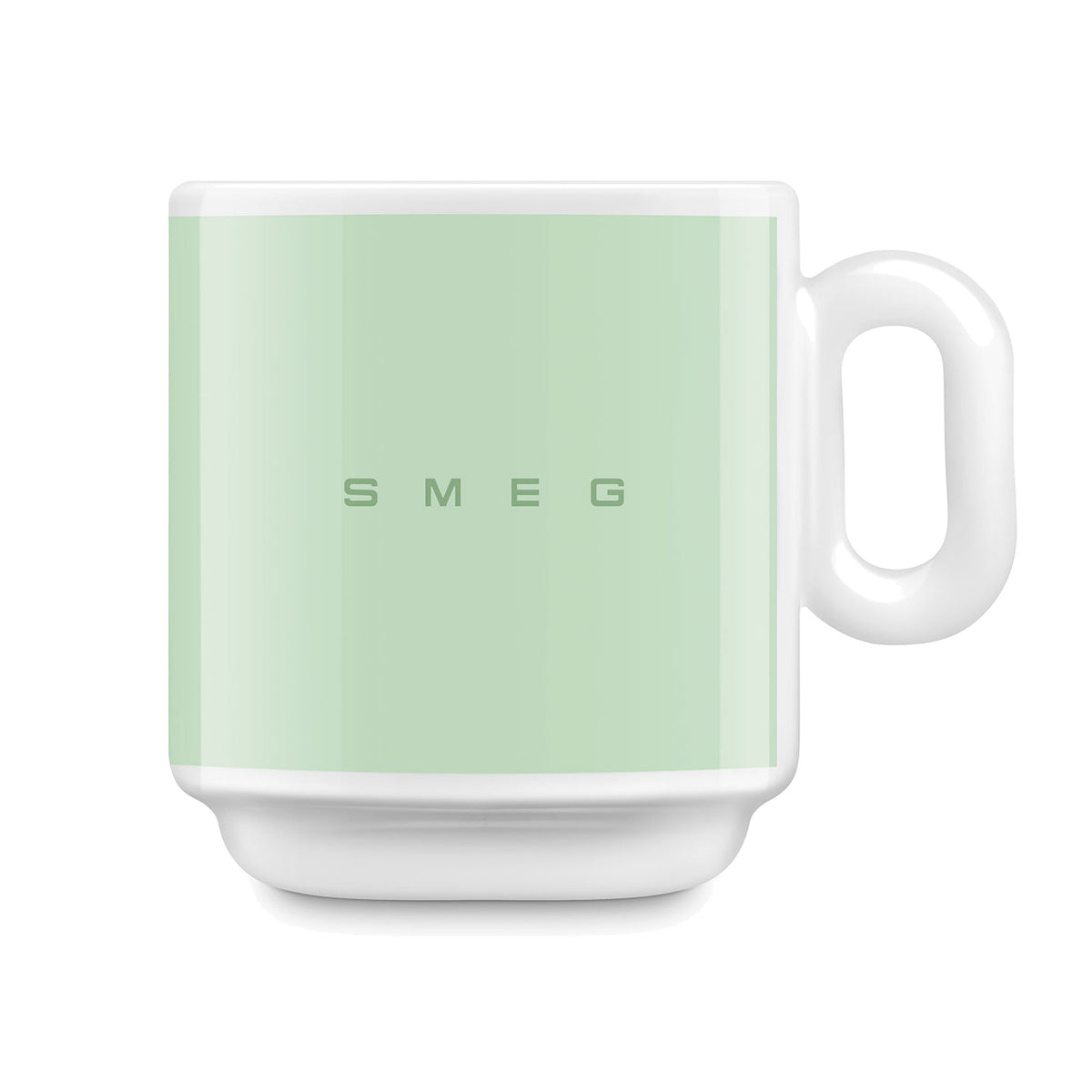 SMEG coffee mug in pastel green, front view with handle on the right