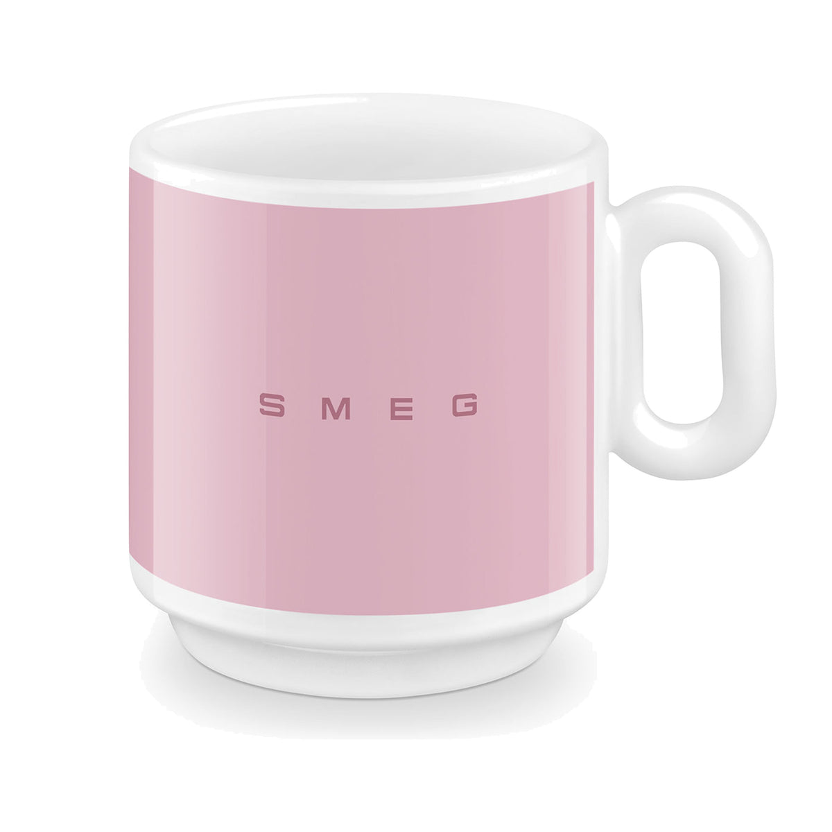 SMEG coffee mug in pink, front view showing the SMEG logo