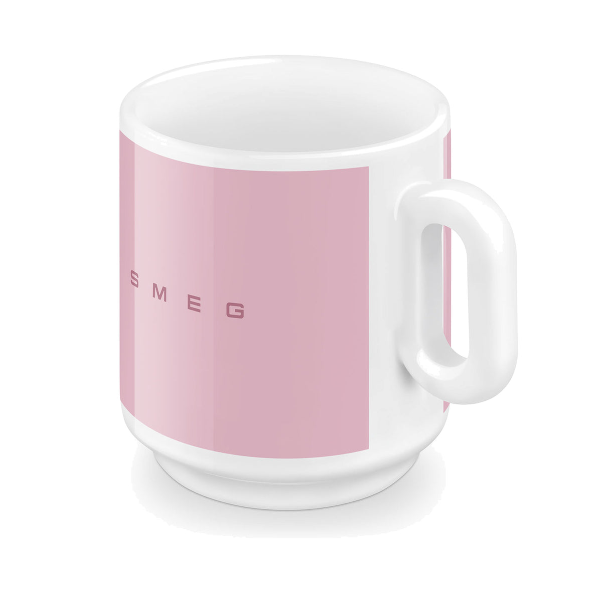 SMEG coffee mug in pink, angled side view