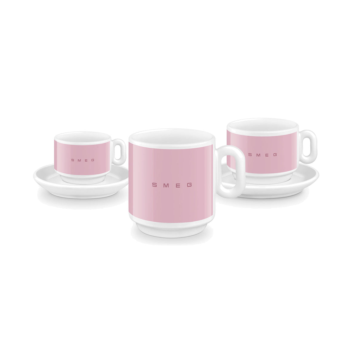 SMEG coffee mug in pink, mug beside the matching espresso and cappuccino cups